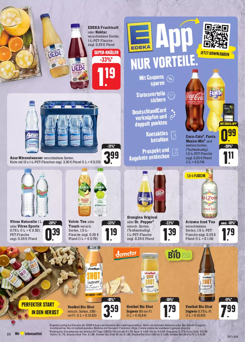 Aktueller Prospekt Edeka - Angebote der Woche - von 25.09 bis 30.09.2023 - strona 25 - produkty: Alwa, angebot, angebote, bio, coca-cola, cola, coupon, coupons, decke, deka, eis, elle, fanta, flasche, frucht, fruchtsaft, gin, ingwer, mineralwasser, natur, Nektar, nuss, orangina, pet-flasche, pet-flaschen, rabatt-coupon, reis, rel, saft, Sport, super-knüller, tee, Ti, vitrex, volvic, wasser, ZTE