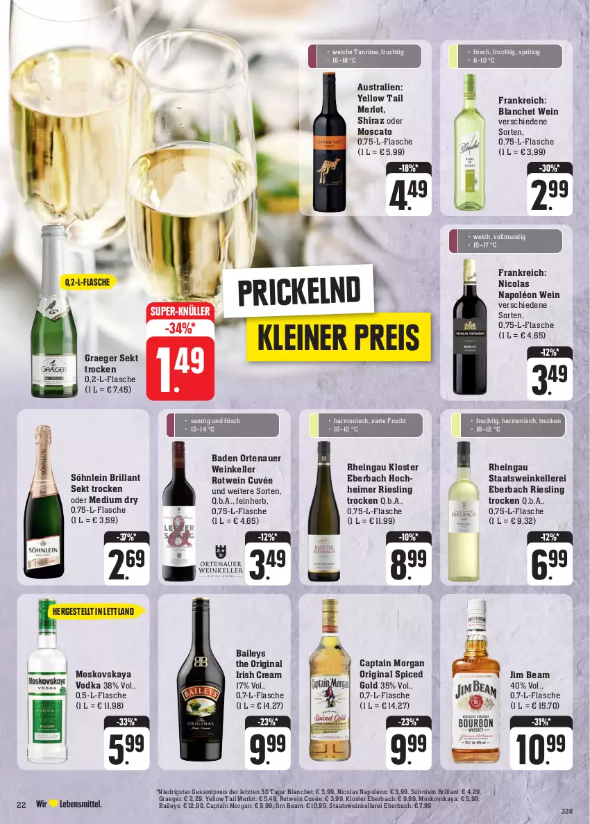 Aktueller Prospekt Edeka - Angebote der Woche - von 25.09 bis 30.09.2023 - strona 27 - produkty: aeg, auer, aust, Bad, baileys, brillant sekt, Cap, captain morgan, cola, cuvée, eimer, eis, elle, flasche, frucht, gin, irish cream, jim beam, Kloster Eberbach, leine, merl, merlot, moskovskaya, original spiced gold, ortenauer, reis, riesling, rotwein, sekt, söhnlein, söhnlein brillant, super-knüller, Ti, vodka, wein, yellow tail, ZTE