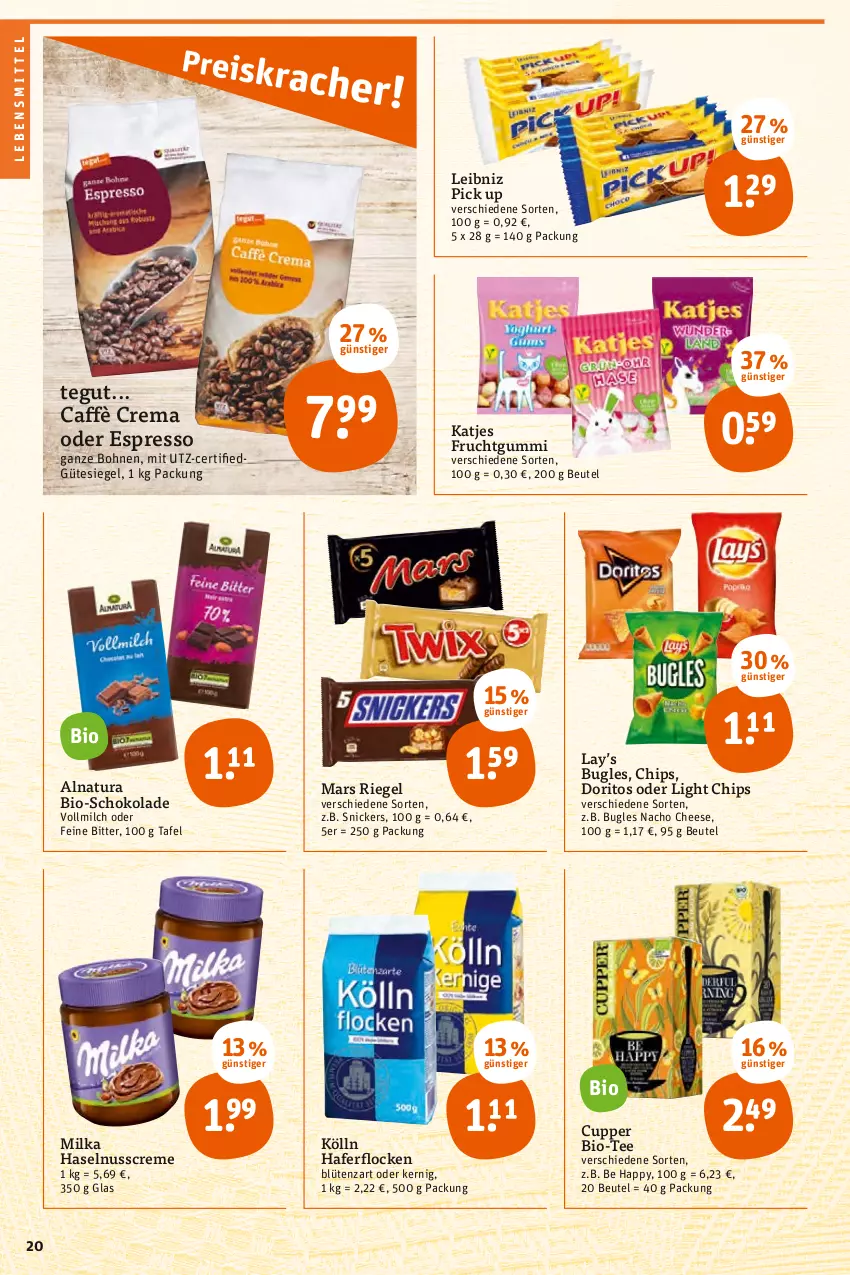 Aktueller Prospekt Tegut - Angebote der Woche - von 07.02 bis 12.02.2022 - strona 20 - produkty: beutel, bio, Blüte, bohne, bohnen, bugles, caffè crema, chips, creme, Doritos, espresso, frucht, fruchtgummi, hafer, haferflocken, haselnuss, Haselnusscreme, katjes, kölln, lebensmittel, leibniz, mars, milch, milka, nacho, nacho cheese, natur, natura, nuss, oder espresso, riegel, schoko, schokolade, snickers, tee, Ti, vollmilch