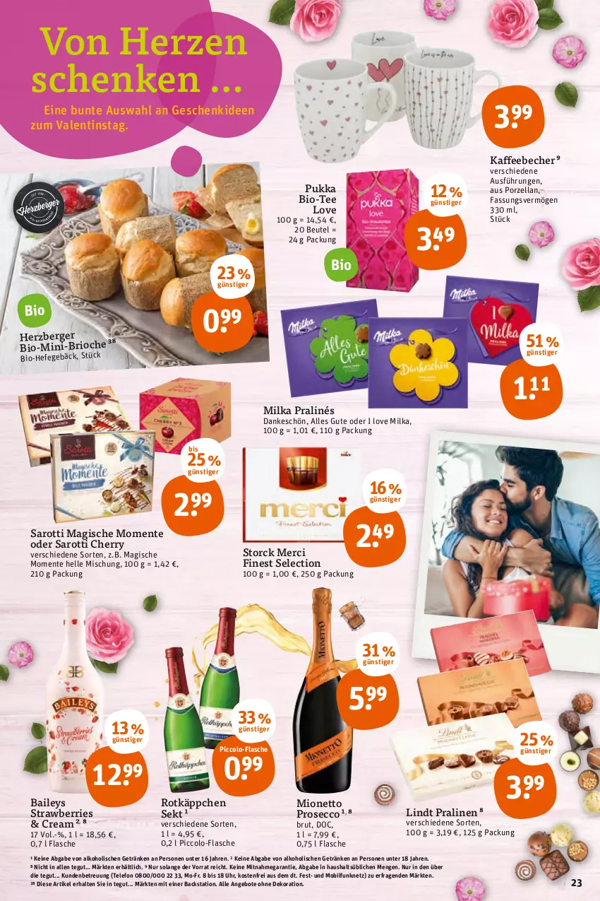 Aktueller Prospekt Tegut - Angebote der Woche - von 07.02 bis 12.02.2022 - strona 23 - produkty: alkohol, angebot, angebote, baileys, Becher, Berger, beutel, bio, brut, dekoration, ecco, elle, ente, flasche, getränk, getränke, Hefe, herzberger, kaffee, kaffeebecher, lindt, merci, milka, mionetto, pralinen, prosecco, rotkäppchen, saro, sarotti, sekt, storck, tee, telefon, Ti, uhr