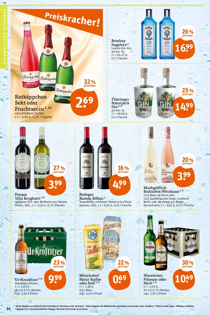 Aktueller Prospekt Tegut - Angebote der Woche - von 07.02 bis 12.02.2022 - strona 24 - produkty: alkohol, alkoholische getränke, Bad, bombay sapphire, burgunder, dry gin, ecco, flasche, frucht, fruchtsecco, getränk, getränke, gin, london dry, london dry gin, mönchshof, natur, natur radler, pils, pilsener, pilsner, radler, ring, rioja, roséwein, rotkäppchen, rotwein, sapphire, sekt, spätburgunder, steiner, tempranillo, Ti, warsteiner, wein, Weißwein