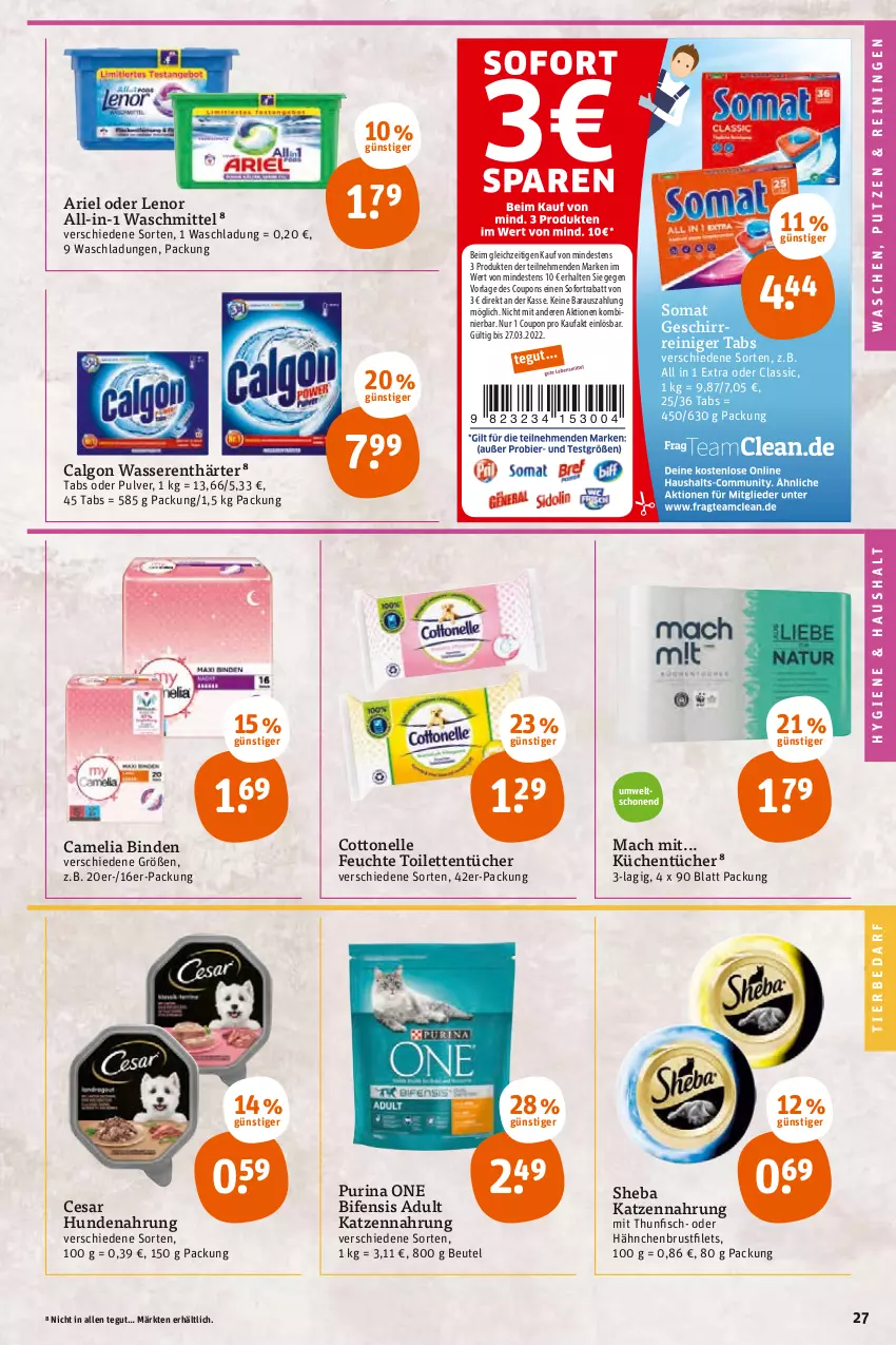 Aktueller Prospekt Tegut - Angebote der Woche - von 07.02 bis 12.02.2022 - strona 27 - produkty: ariel, beutel, binden, brustfilet, calgon, camelia, cottonelle, coupon, coupons, elle, filet, filets, fisch, geschirr, hähnchenbrust, hähnchenbrustfilet, hundenahrung, katzennahrung, küche, Küchen, küchentücher, lenor, LG, mac, purina, reiniger, sheba, sofortrabatt, somat, thunfisch, Ti, tierbedarf, toilettentücher, tücher, waschmittel, wasser, wasserenthärter