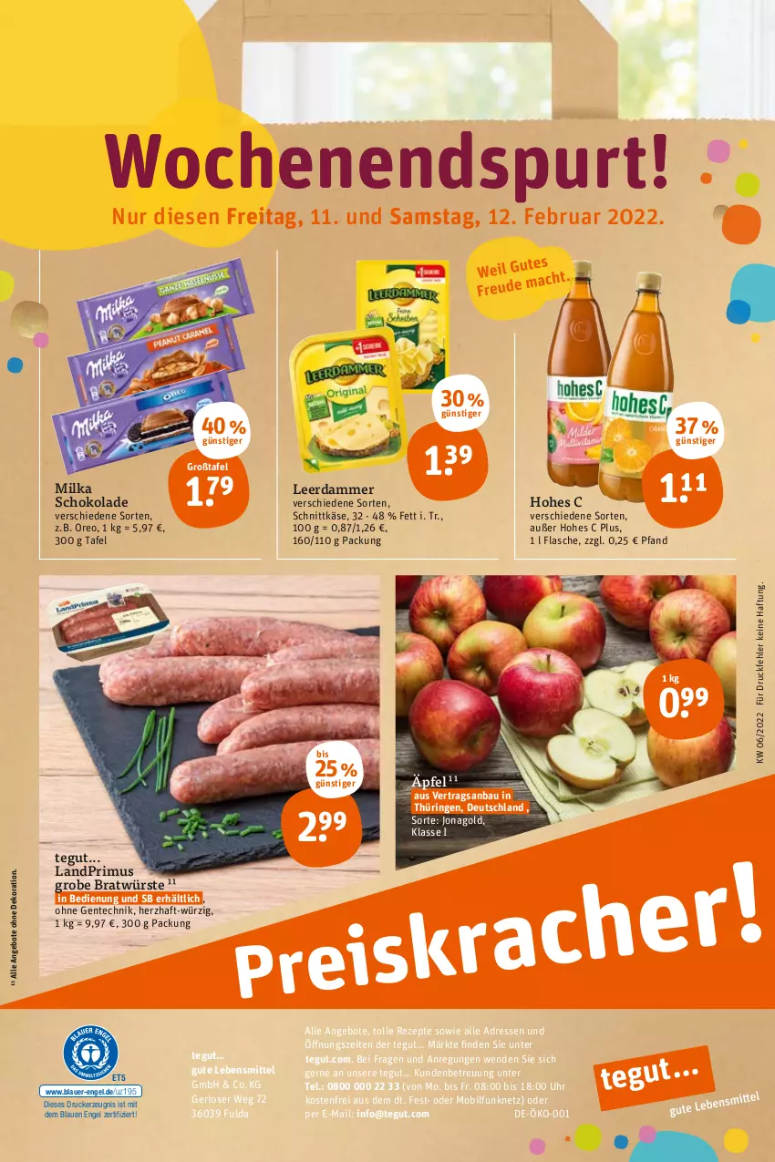 Aktueller Prospekt Tegut - Angebote der Woche - von 07.02 bis 12.02.2022 - strona 28 - produkty: angebot, angebote, auer, Bau, dekoration, drucker, Engel, ente, flasche, Fulda, Hohes C, Käse, kerze, landprimus, lebensmittel, leerdammer, milka, milka schokolade, oreo, rezept, rezepte, ring, schnittkäse, schoko, schokolade, Ti, uhr