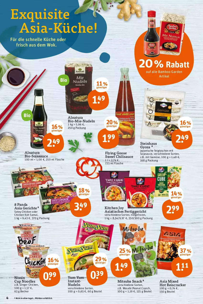 Aktueller Prospekt Tegut - Angebote der Woche - von 07.02 bis 12.02.2022 - strona 4 - produkty: bamboo, Becher, beutel, bio, chili, cracker, eis, elle, fertiggericht, flasche, gin, ginger, küche, mit gemüse, natur, natura, Nissin, nudel, nudeln, reis, sauce, snack, soja, sojasauce, steinhaus, Tasche, taschen, Ti, tisch, wasa, wok, Yo, Yum Yum