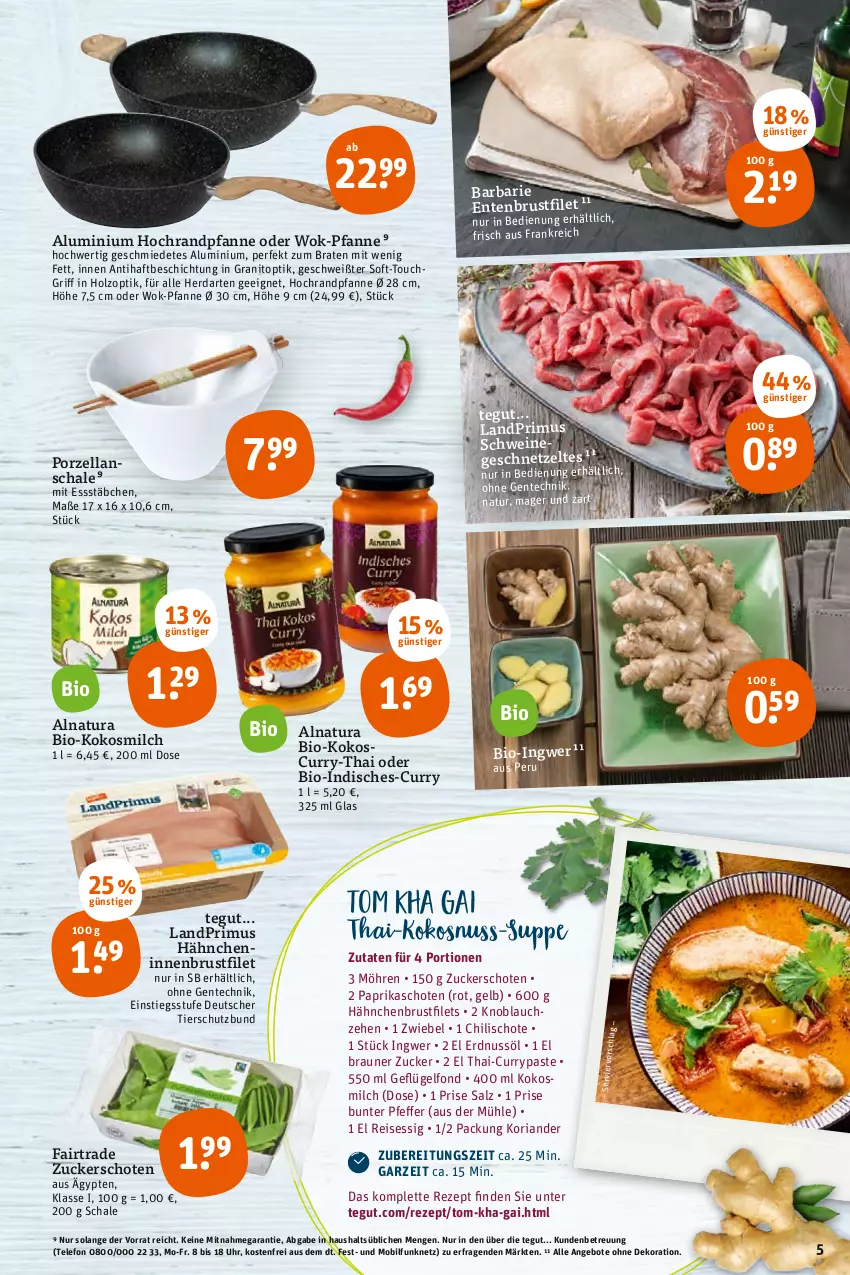 Aktueller Prospekt Tegut - Angebote der Woche - von 07.02 bis 12.02.2022 - strona 5 - produkty: angebot, angebote, bio, braten, braun, brustfilet, chili, curry, dekoration, eis, ente, Entenbrust, erdnuss, essig, filet, filets, Geflügel, Geflügelfond, geschnetzeltes, hähnchenbrust, hähnchenbrustfilet, herdarten, Holz, ingwer, knoblauch, kokos, kokosmilch, kokosnuss, Koriander, landprimus, milch, möhren, natur, natura, nuss, paprika, pfanne, pfeffer, reis, rezept, Ria, salz, Schal, Schale, schwein, schweine, suppe, telefon, Ti, uhr, wein, weine, wok, Zelt, zucker, zwiebel