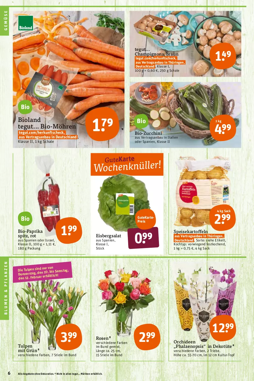 Aktueller Prospekt Tegut - Angebote der Woche - von 07.02 bis 12.02.2022 - strona 6 - produkty: angebot, angebote, Bau, bio, Bio-Paprika, bio-zucchini, bioland, blume, blumen, braun, champignon, champignons, dekoration, eis, eisbergsalat, kartoffel, kartoffeln, möhren, orchidee, orchideen, paprika, pflanze, pflanzen, phalaenopsis, reis, ring, rosen, sac, salat, Schal, Schale, speisekartoffeln, Ti, topf, Tüte, zucchini