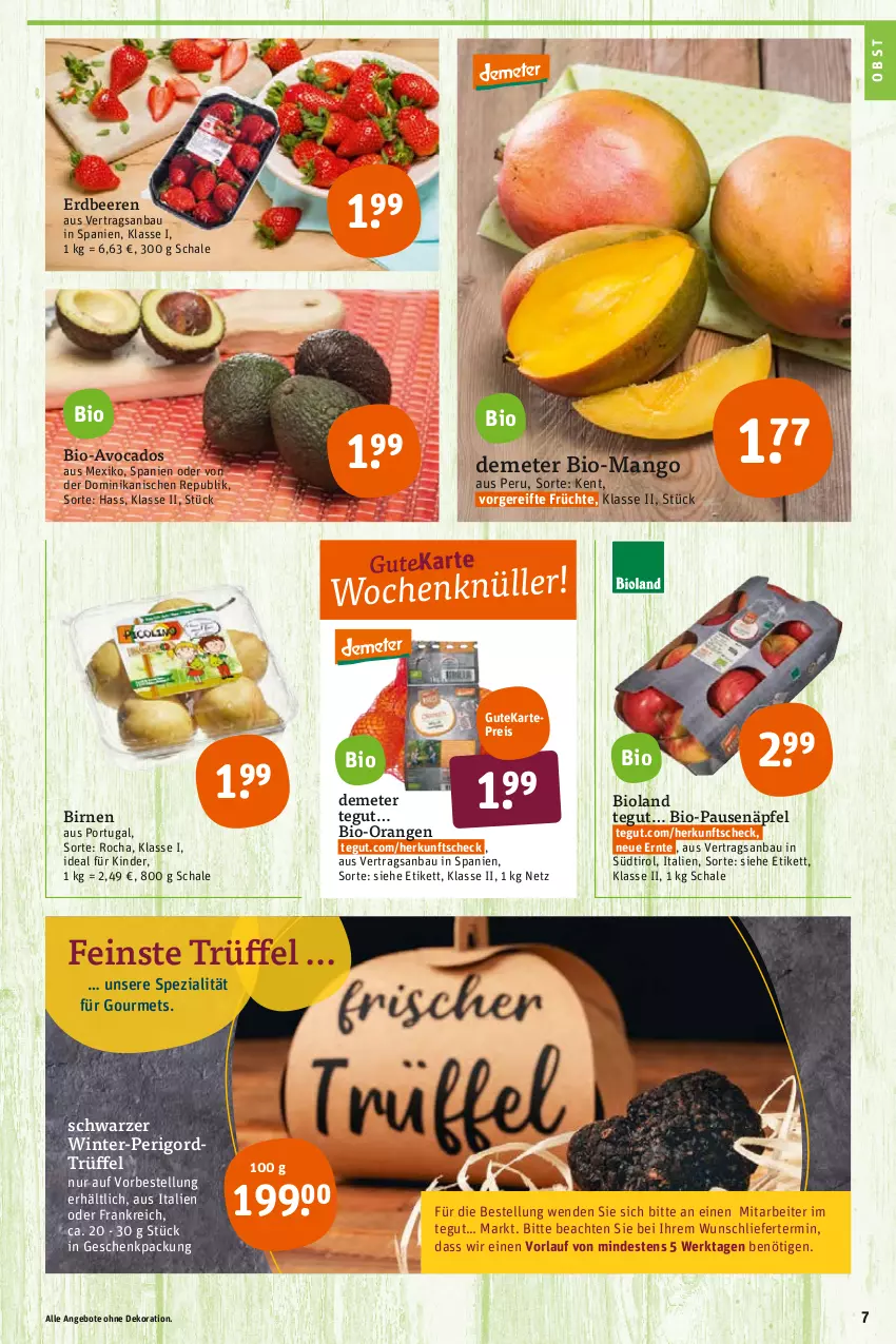 Aktueller Prospekt Tegut - Angebote der Woche - von 07.02 bis 12.02.2022 - strona 7 - produkty: angebot, angebote, avocado, avocados, Bau, beere, beeren, bio, bioland, Birnen, dekoration, eis, erdbeere, erdbeeren, früchte, geschenkpackung, Kinder, mango, obst, orange, orangen, reis, Schal, Schale, Spezi, Ti, Trüffel