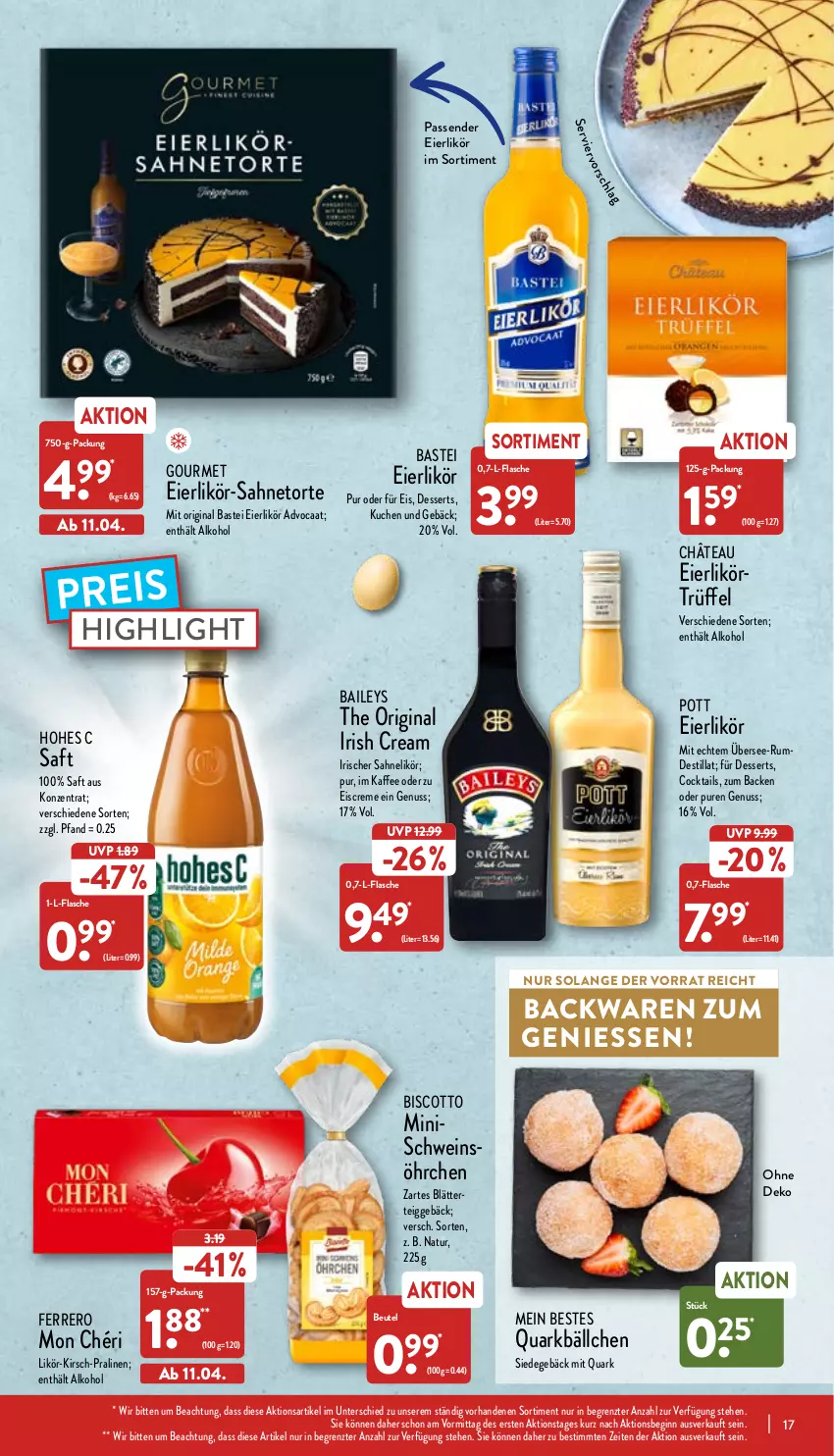 Aktueller Prospekt Aldi Nord - Aldi-Vorschau - von 11.04 bis 16.04.2022 - strona 17 - produkty: alkohol, backwaren, baileys, beutel, biscotto, cocktail, cocktails, creme, dessert, desserts, eier, eierlikör, eis, eiscreme, ferrero, flasche, gin, Hohes C, irish cream, kaffee, kirsch, kuchen, likör, Mon Chéri, natur, nuss, pralinen, quark, reis, rum, saft, sahne, schwein, Ti, torte, Trüffel, wein, ZTE