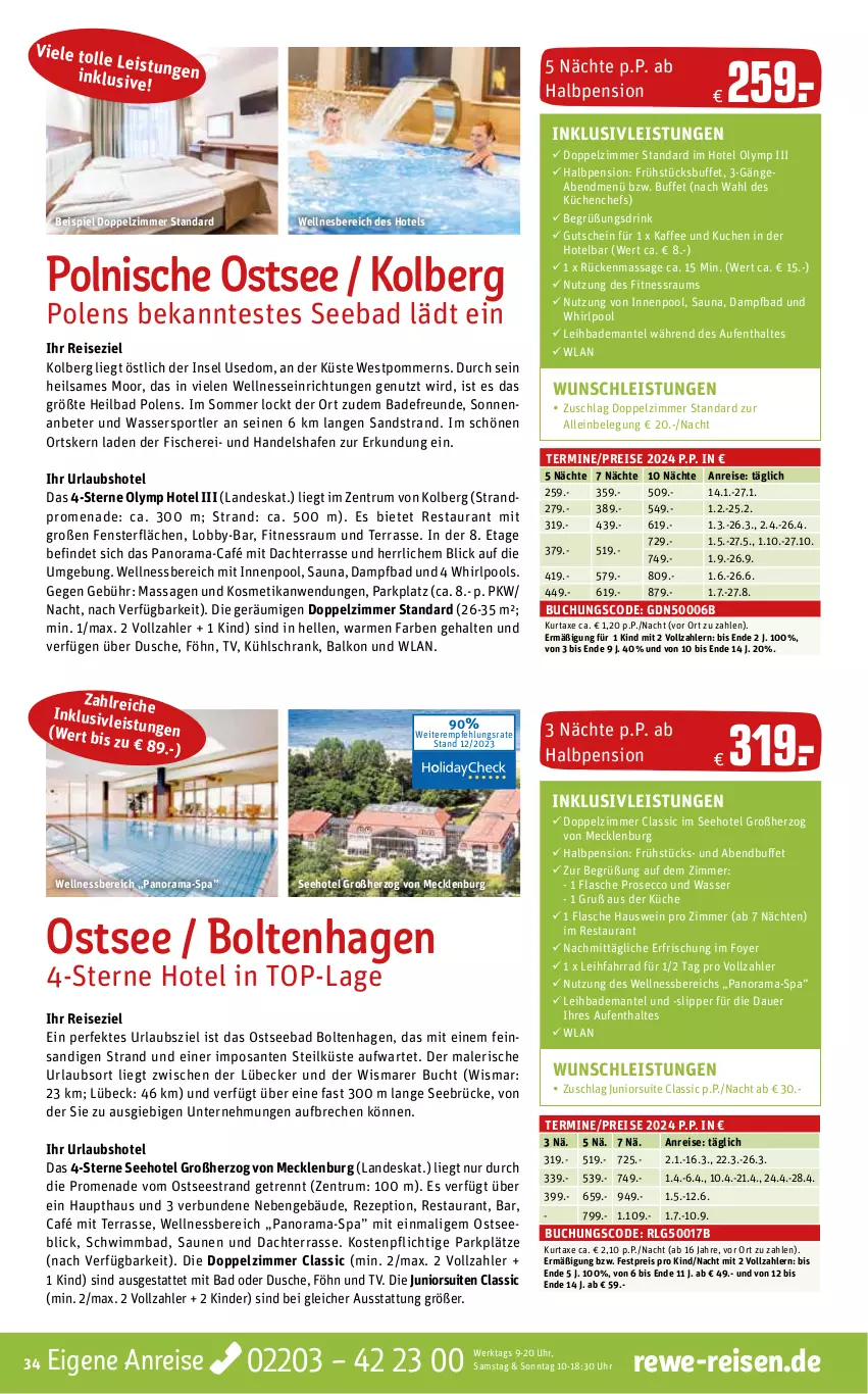 Aktueller Prospekt Rewe Reisen - Reiseprospekt - von 22.12.2023 bis 26.01.2024 - strona 34 - produkty: auer, axe, Bad, Bademantel, buch, drink, dusche, ecco, eis, elle, Fahrrad, fenster, fisch, fische, Fischer, flasche, gutschein, inklusivleistungen, innenpool, kaffee, Kinder, kosmetik, küche, Küchen, kuchen, kühlschrank, kurtaxe, LG, Lübecker, Mantel, pool, prosecco, rama, reis, rezept, rum, SANTE, Schere, Schrank, slip, Slipper, Sport, Ti, uhr, wasser, Wassersport, wein, wellnessbereich, Whirlpool