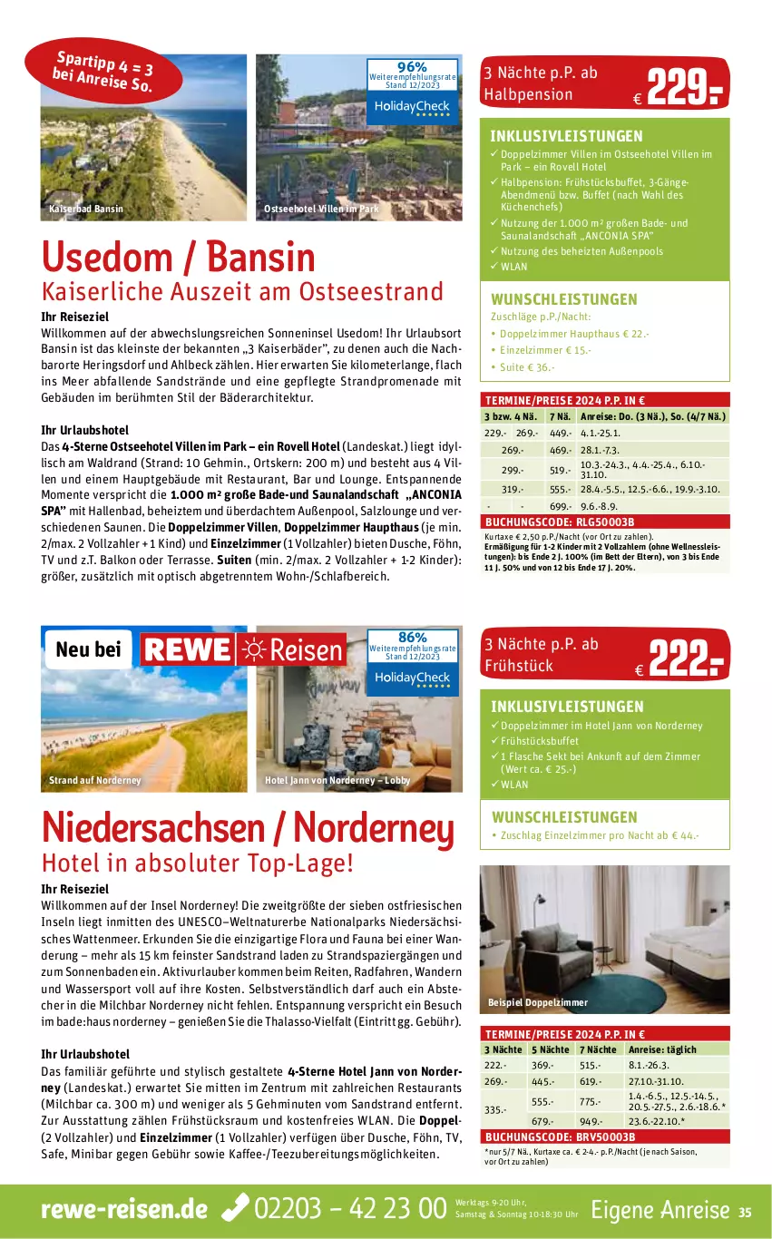 Aktueller Prospekt Rewe Reisen - Reiseprospekt - von 22.12.2023 bis 26.01.2024 - strona 35 - produkty: axe, Bad, bett, buch, dusche, eis, ente, flasche, hering, Herings, inklusivleistungen, kaffee, Kaiser, Kinder, küche, Küchen, kurtaxe, LG, milch, natur, pool, reis, ring, rum, sac, salz, sekt, spartipp, Sport, tee, Ti, tisch, uhr, wasser, Wassersport, ZTE