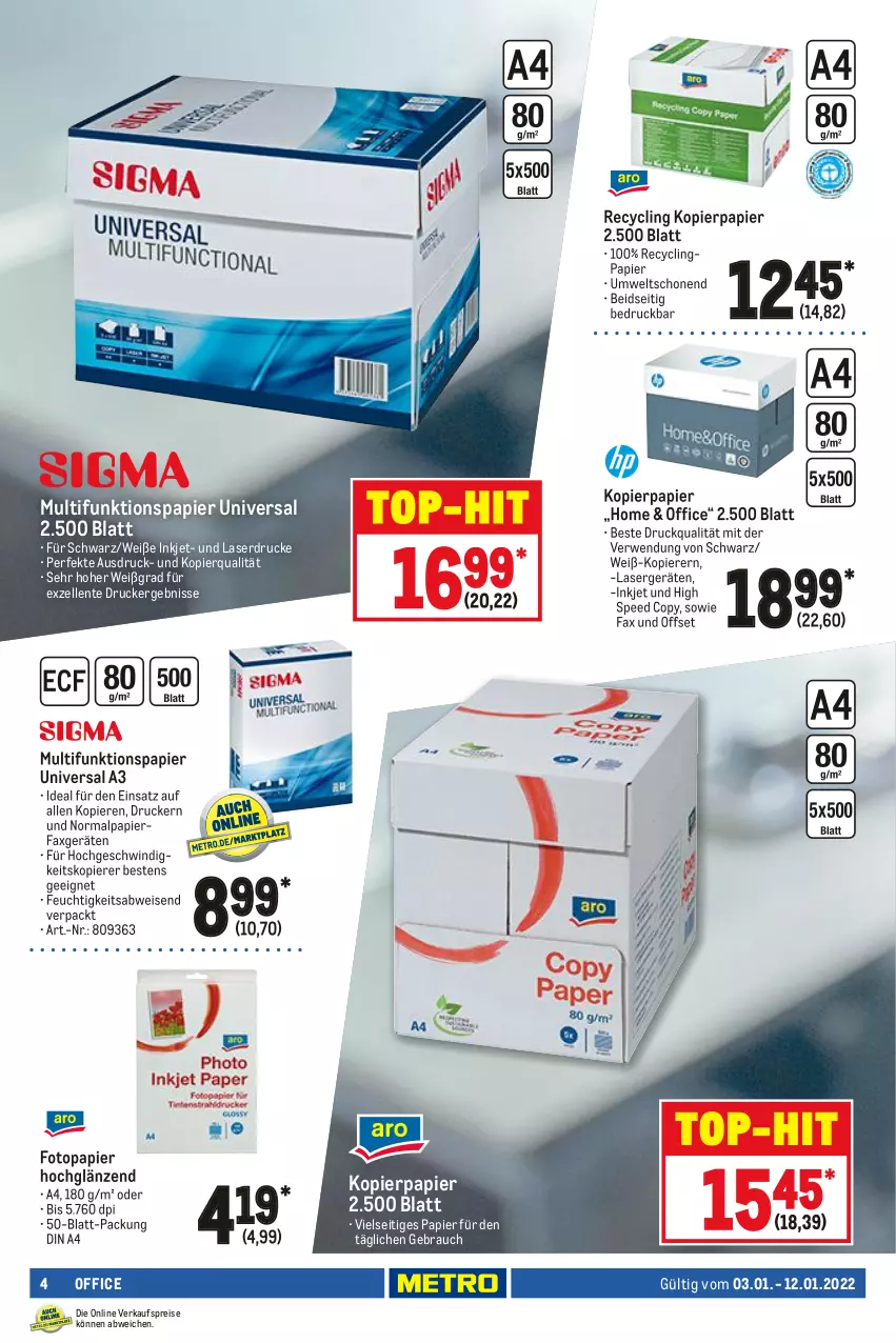 Aktueller Prospekt Metro - Office Spezial - von 03.01 bis 12.01.2022 - strona 4 - produkty: Clin, din a4, drucker, eis, elle, ente, kopierpapier, office, papier, Rauch, reis, rwe, spee, Ti, top-hit