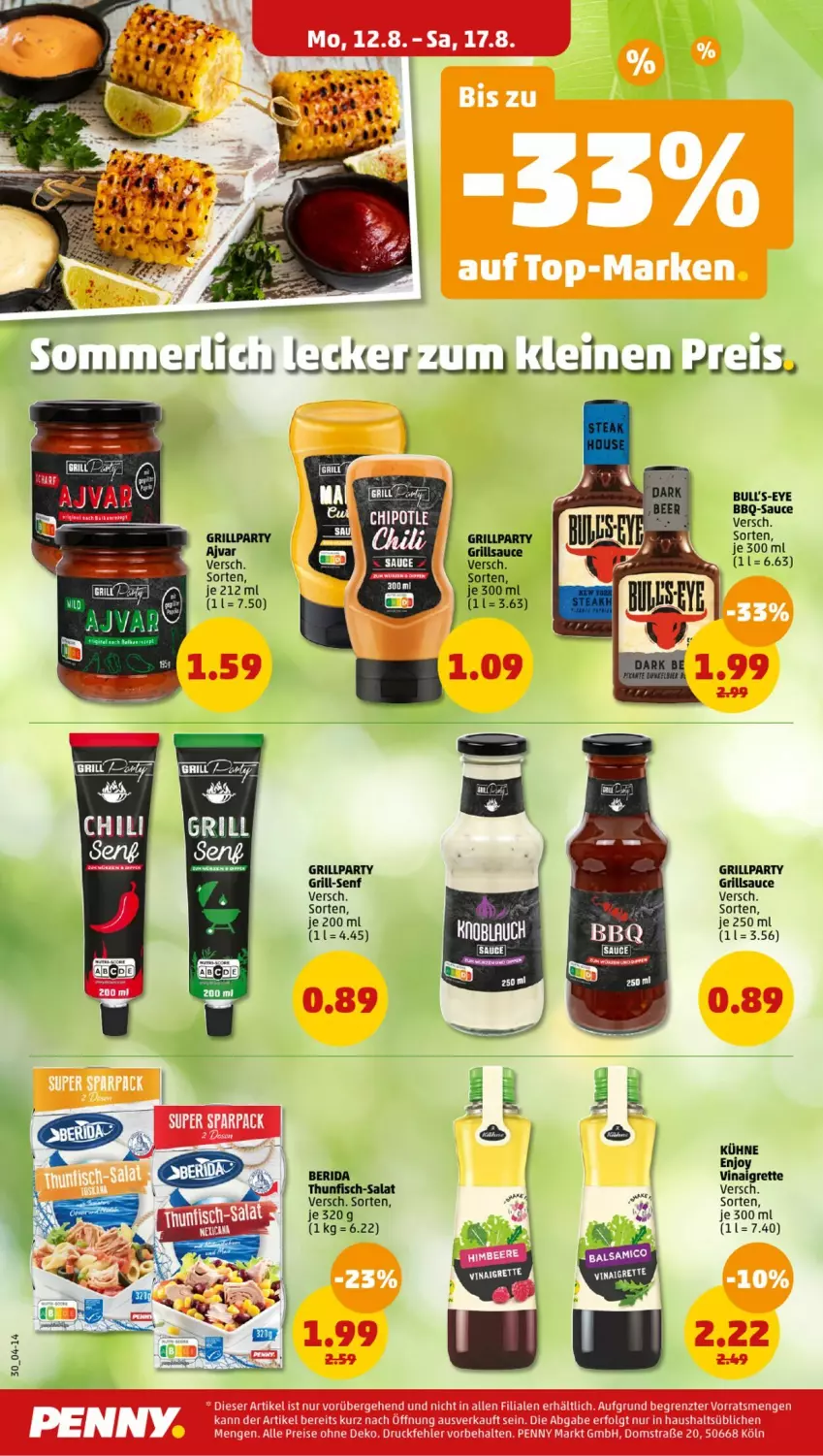 Aktueller Prospekt Penny - Prospekte - von 12.08 bis 17.08.2024 - strona 10 - produkty: AEZ, bbq-sauce, chili, fisch, grill, grillsauce, Kühne, salat, sauce, senf, thunfisch