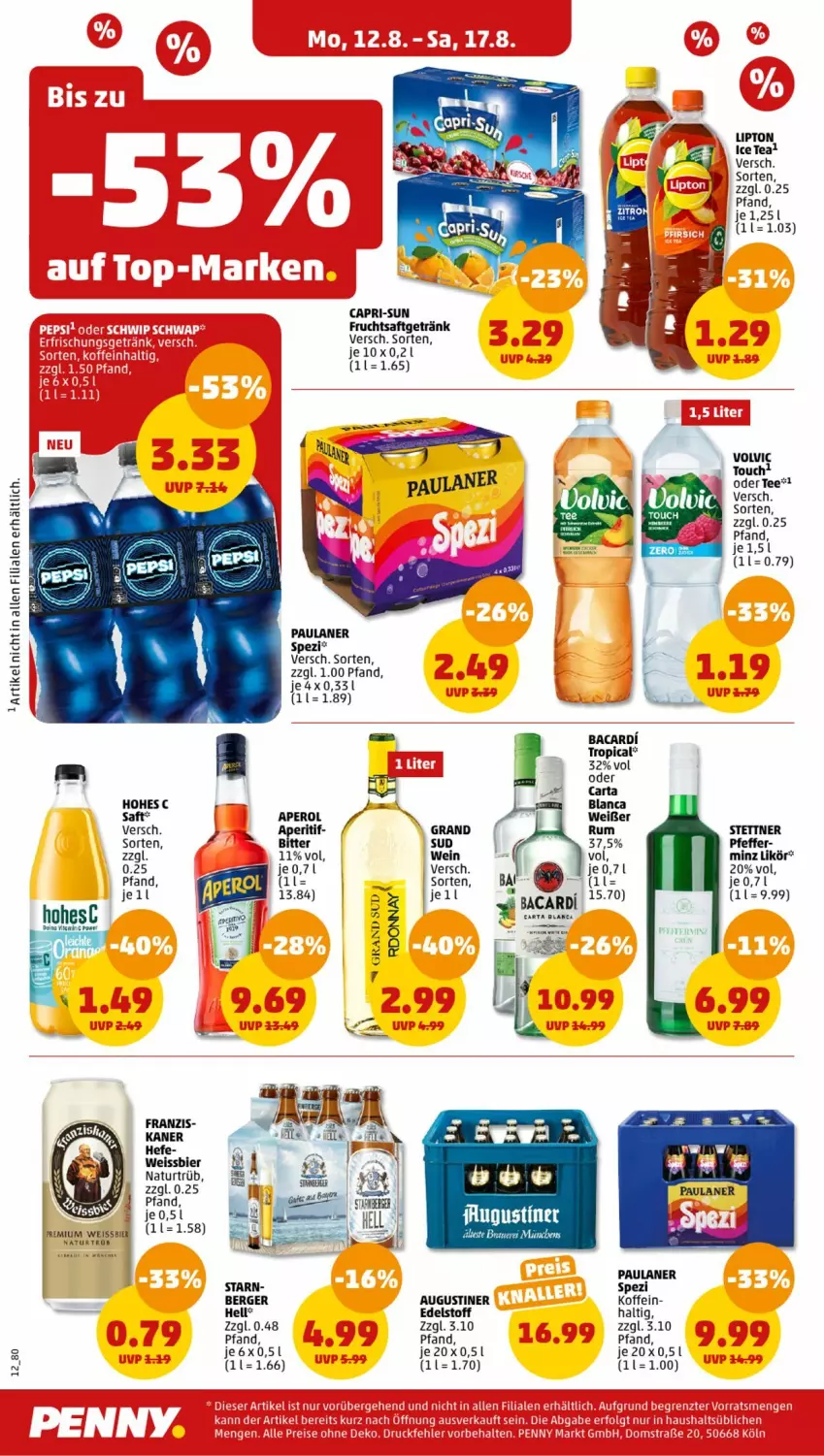 Aktueller Prospekt Penny - Prospekte - von 12.08 bis 17.08.2024 - strona 14 - produkty: aperitif, aperol, auer, bacardi, Berger, bier, Cap, capri-sun, eis, elle, frucht, fruchtsaft, fruchtsaftgetränk, getränk, Hefe, Hohes C, likör, lipton, natur, Paula, paulaner, pfeffer, rum, saft, Spezi, tee, Ti, volvic, wein, weissbier