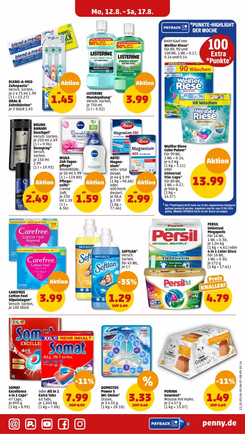 Aktueller Prospekt Penny - Prospekte - von 12.08 bis 17.08.2024 - strona 15 - produkty: angebot, angebote, blend-a-med, Blüte, bruno banani, bürste, bürsten, Cap, carefree, creme, domestos, duschgel, elle, erde, listerine, mac, magnesium, megaperls, mousse, mundspülung, nivea, oral-b, pasta, payback, persil, purina, rosen, Seife, slip, slipeinlagen, somat, spülung, Ti, universal megaperls, vita, WC-Steine, zahnbürste, zahnbürsten, zahnpasta