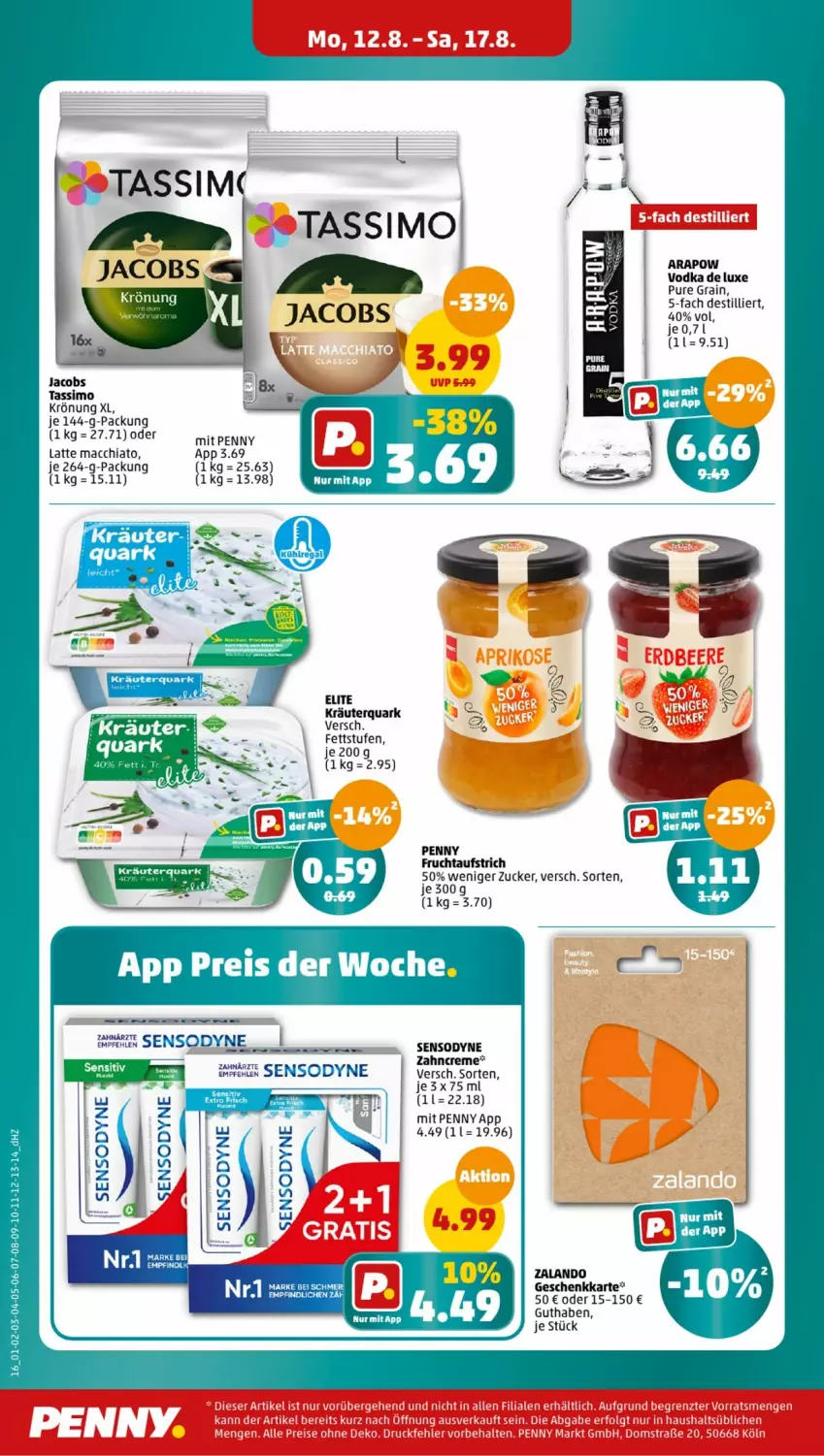 Aktueller Prospekt Penny - Prospekte - von 12.08 bis 17.08.2024 - strona 18 - produkty: ACC, aufstrich, chia, creme, frucht, fruchtaufstrich, jacobs, kräuter, latte, latte macchiato, mac, macchiato, quark, sensodyne, sim, tassimo, Ti, zahncreme, zucker