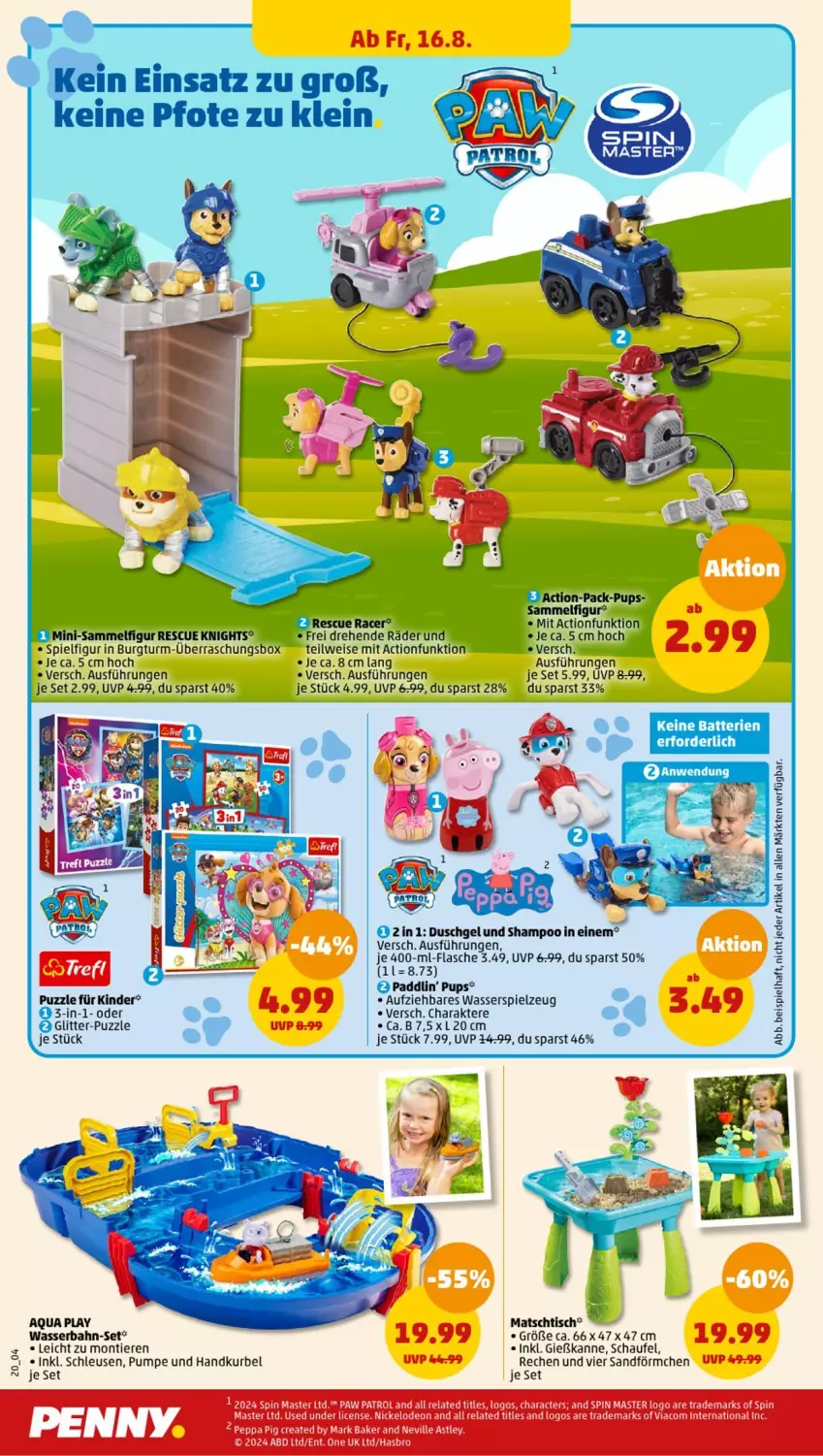 Aktueller Prospekt Penny - Prospekte - von 12.08 bis 17.08.2024 - strona 22 - produkty: acer, aqua, deo, duschgel, eis, flasche, Gießkanne, Hasbro, Kinder, ndk, Paw Patrol, Puzzle, rel, shampoo, spielzeug, Ti, Tiere, tisch, wasser