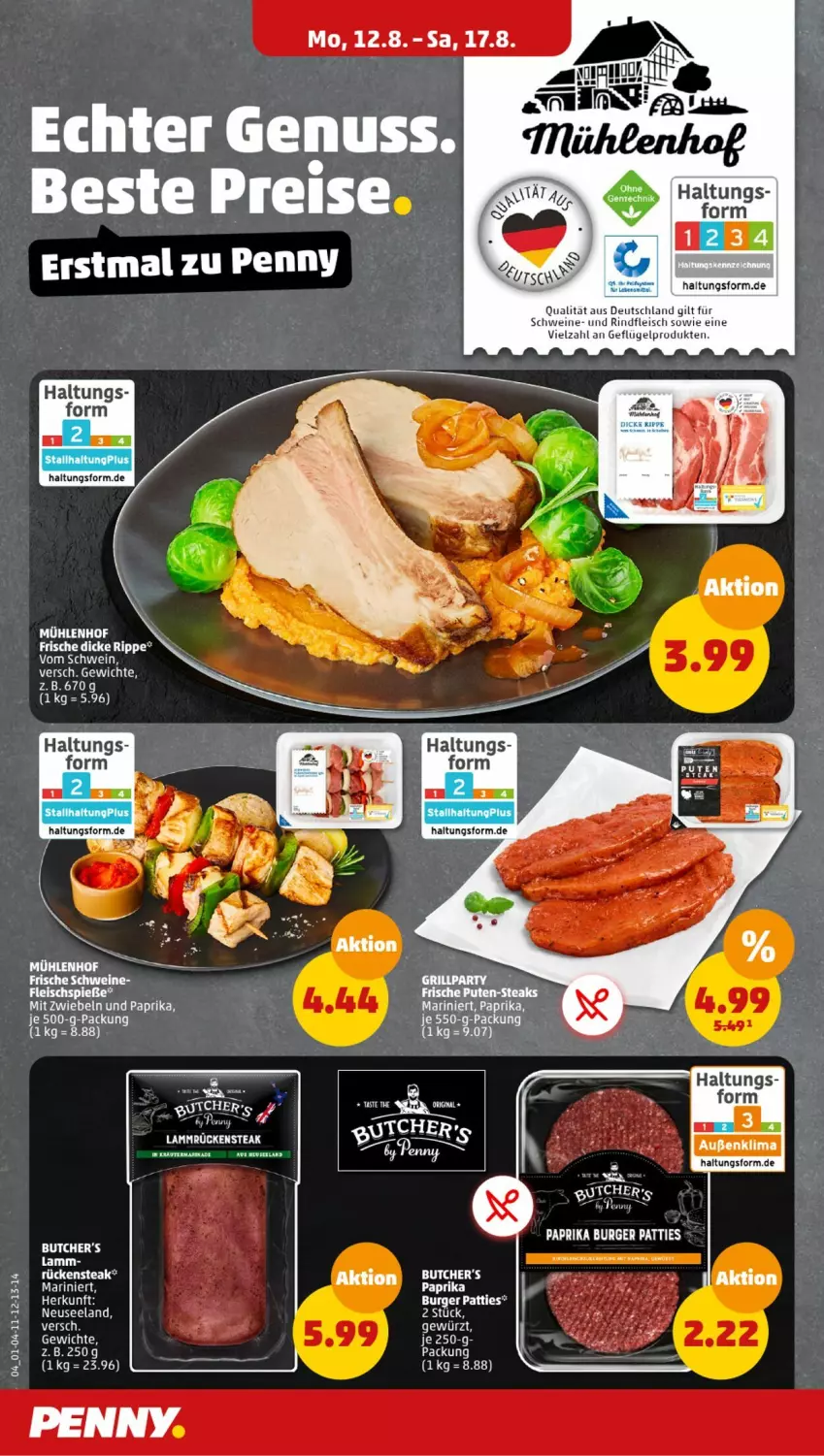 Aktueller Prospekt Penny - Prospekte - von 12.08 bis 17.08.2024 - strona 4 - produkty: axe, butcher's, eis, Elan, ente, fleisch, Fleischspieße, lamm, LG, mit zwiebeln, paprika, Pax, pute, reis, schwein, schweine, wein, weine, zwiebel, zwiebeln