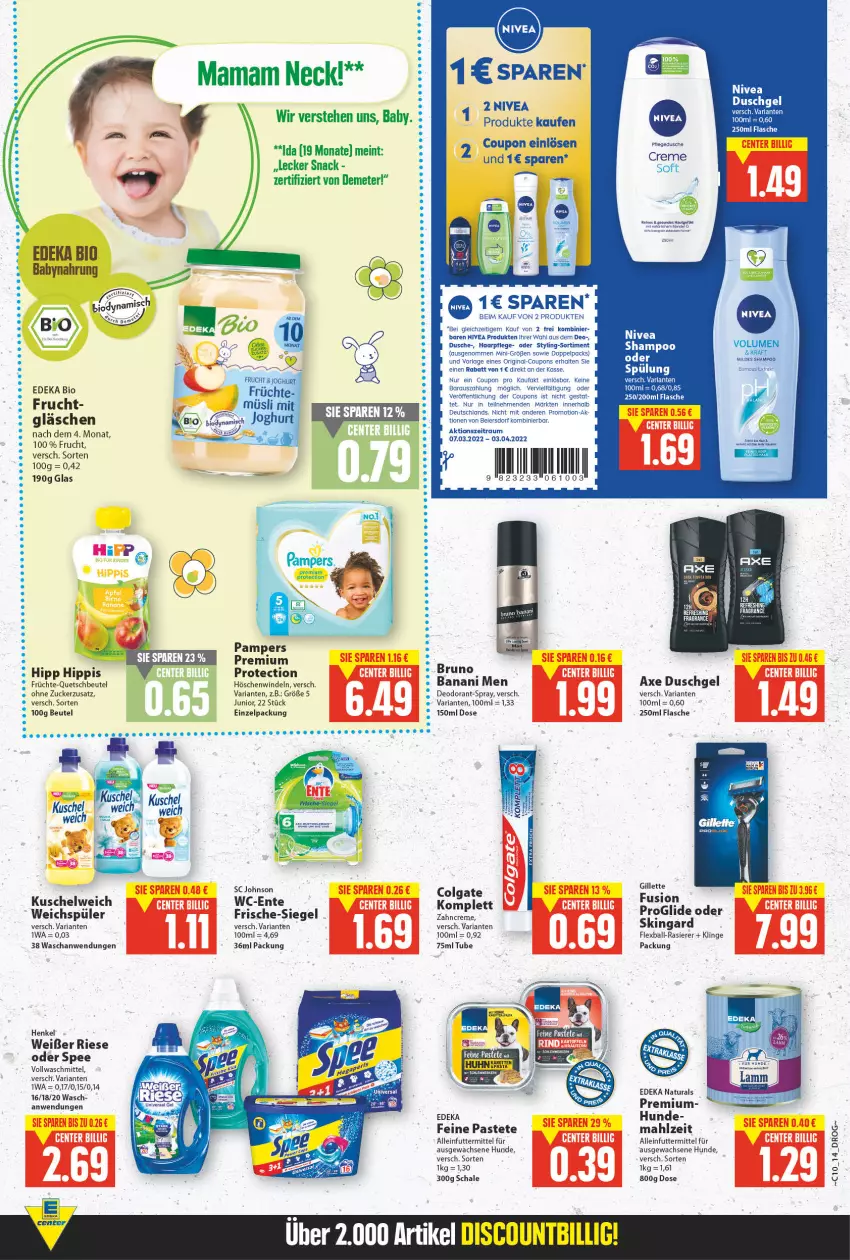 Aktueller Prospekt E Center - Angebote der Woche - von 07.03 bis 12.03.2022 - strona 13 - produkty: alleinfuttermittel, arla, axe, axe duschgel, ball, bambus, beutel, bio, coupon, coupons, creme, deka, deo, deodorant, dusche, duschgel, edeka bio, eier, ente, flasche, frucht, früchte, gillette, gin, haarpflege, henkel, hipp, HP, Kinder, kraft, Kuschelweich, mac, mam, natur, natura, nivea, pampers, pastete, quetschbeutel, rasierer, Ria, Schal, Schale, snack, spee, Ti, vollwaschmittel, waschmittel, weichspüler, zucker