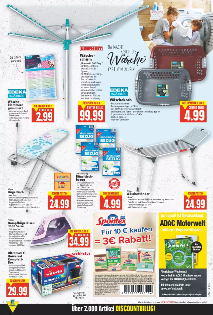 Aktueller Prospekt E Center - Angebote der Woche - von 07.03 bis 12.03.2022 - strona 15 - produkty: auer, auto, Bau, bügel, Bügeleisen, bügeltisch, Clin, coupon, dampfbügeleisen, discount, eimer, eis, Elektro, elle, ente, erde, Germ, gin, Klammern, korb, lamm, latte, leine, mac, magazin, Pfau, Philips, rama, Ria, rwe, sonderposten, spontex, Sport, Ti, tisch, Trockner, vileda, wäschekorb, waschmaschine, waschmaschinen, wasser, wassertank, Yo