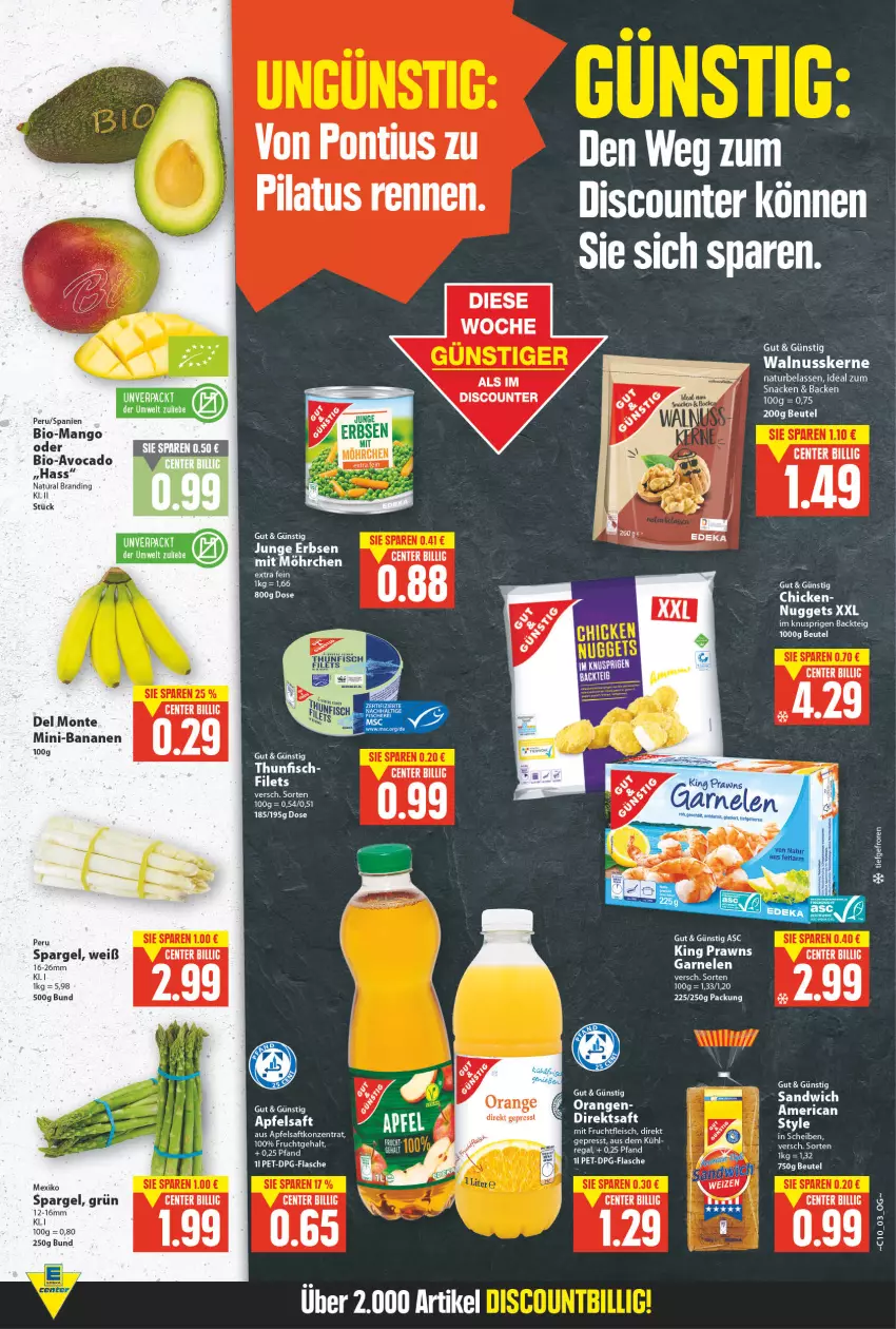 Aktueller Prospekt E Center - Angebote der Woche - von 07.03 bis 12.03.2022 - strona 3 - produkty: apfel, apfelsaft, avocado, banane, bananen, beutel, bio, direktsaft, discount, eis, ente, erbsen, fisch, flasche, fleisch, frucht, fruchtfleisch, garnelen, mango, mit frucht, monte, natur, natura, nuss, prawns, regal, saft, sandwich, snack, spargel, thunfisch, Ti, walnuss, walnusskerne