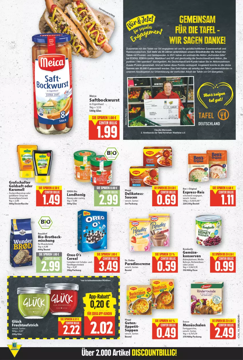 Aktueller Prospekt E Center - Angebote der Woche - von 07.03 bis 12.03.2022 - strona 9 - produkty: apfel, Bau, beutel, bio, bockwurst, bohne, bohnen, bonduelle, brot, cerealien, creme, deka, deutschlandcard, Dr. Oetker, eis, elle, ente, erasco, erbsen, erde, express-reis, fertiggericht, fertiggerichte, flasche, gin, goldsaft, grafschafter, honig, karamell, kichererbsen, kidney, Konserven, korn, LG, linsen, mac, maggi, meica, nudel, nudeln, oreo, rama, reis, rind, rinder, Rinderroulade, saft, sauce, saucen, Schal, Schale, schoko, sirup, suppe, suppen, Ti, vanille, wurst, zucker