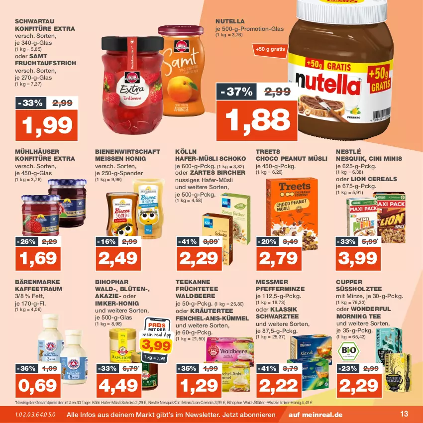 Aktueller Prospekt Real - von 20.11 bis 25.11.2023 - strona 13 - produkty: aufstrich, bärenmarke, beere, bihophar, Blüte, cereals, cin, eis, fenchel, frucht, fruchtaufstrich, früchte, Früchtetee, hafer, Holz, honig, kaffee, kölln, konfitüre, konfitüre extra, kräuter, lion, minze, mühlhäuser, müsli, nesquik, nestlé, nuss, nutella, oder kräuter, pfeffer, pfefferminze, reis, schoko, Schwartau, tee, teekanne, Ti, ZTE