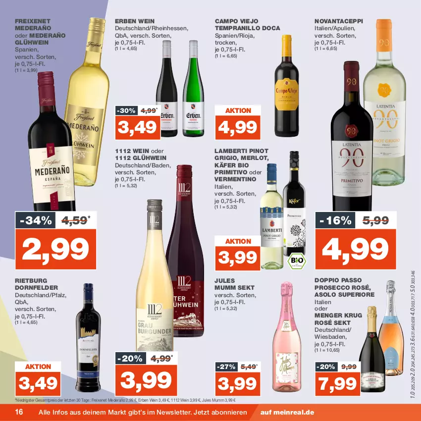 Aktueller Prospekt Real - von 20.11 bis 25.11.2023 - strona 16 - produkty: Amber, Bad, bio, campo viejo, doppio passo, dornfelder, ecco, eis, freixenet, Glühwein, jules mumm, käfer, merl, merlot, mumm, passo, Pinot, pinot grigio, primitivo, prosecco, reis, rioja, sekt, tempranillo, Ti, wein, ZTE