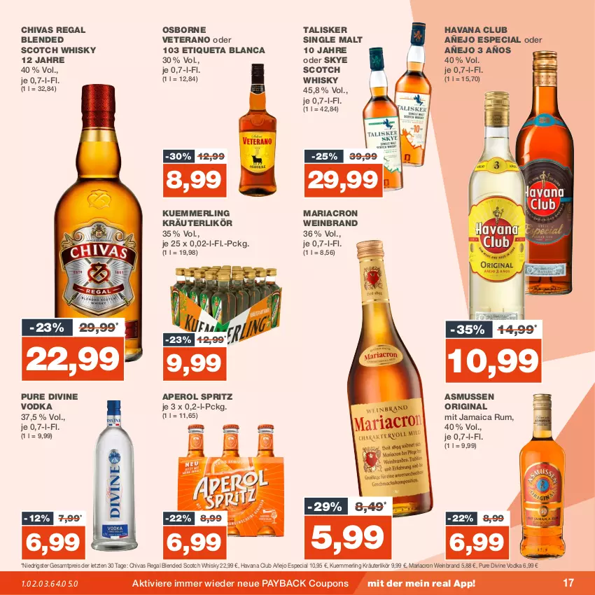 Aktueller Prospekt Real - von 20.11 bis 25.11.2023 - strona 17 - produkty: aperol, blended scotch, blended scotch whisky, coupon, coupons, eis, Etiqueta Blanca, gin, Havana Club, kräuter, kräuterlikör, kuemmerling, likör, mariacron, merl, osborne, payback, regal, reis, Ria, rum, scotch, scotch whisky, single malt, Ti, veterano, vodka, wein, weinbrand, whisky, ZTE