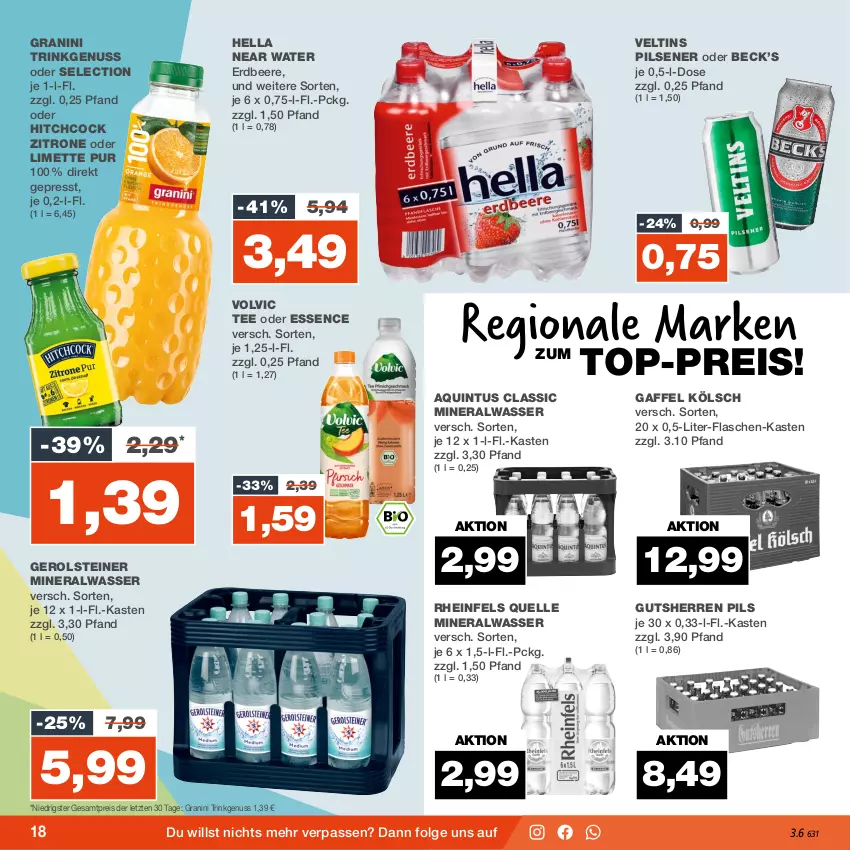 Aktueller Prospekt Real - von 20.11 bis 25.11.2023 - strona 18 - produkty: Alwa, beere, eis, elle, erdbeere, flasche, flaschen-kasten, gerolsteine, gerolsteiner, granini, hella, LG, limette, Mett, mineralwasser, nuss, pils, pilsener, reis, rheinfels quelle, steiner, tee, Ti, top-preis, veltins, veltins pilsener, volvic, wasser, zitrone, ZTE