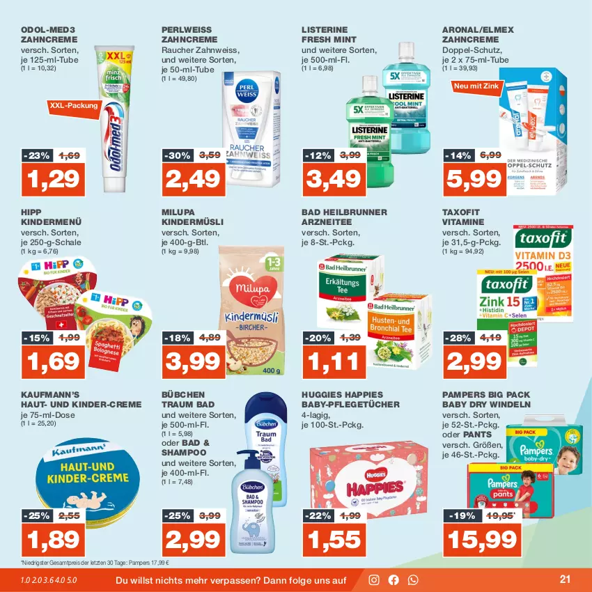 Aktueller Prospekt Real - von 20.11 bis 25.11.2023 - strona 21 - produkty: Bad, bübchen, creme, eis, elmex, hipp, Huggies, Kinder, LG, listerine, milupa, mint, müsli, Odol, pampers, Pants, Rauch, reis, Schal, Schale, shampoo, Taxofit, tee, tücher, vita, Vitamine, windeln, xxl-packung, zahncreme, ZTE