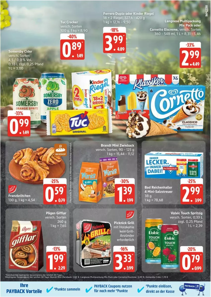 Aktueller Prospekt Edeka - Prospekte - von 28.07 bis 02.08.2025 - strona 13 - produkty: Bad, brandt, brötchen, cider, cornetto, coupon, coupons, creme, eis, eiscreme, grill, Holz, holzkohle, langnese, payback, reis, salz, somersby, Ti, volvic, ZTE