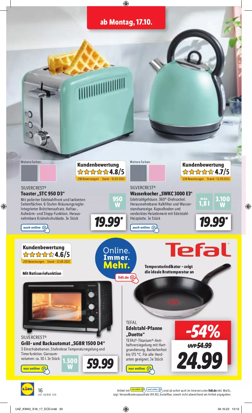 Aktueller Prospekt Lidl - Weihnachts-Magazin - von 03.11 bis 31.12.2022 - strona 16 - produkty: auto, backofen, Bebe, brötchen, brötchenaufsatz, edelstahl, Edelstahl-Pfanne, erde, garraum, grill, Kocher, lack, latte, LG, ndk, Ofen, pfanne, rind, Schal, Schale, silvercrest, tefal, Ti, timer, toast, toaster, wasser, wasserkocher