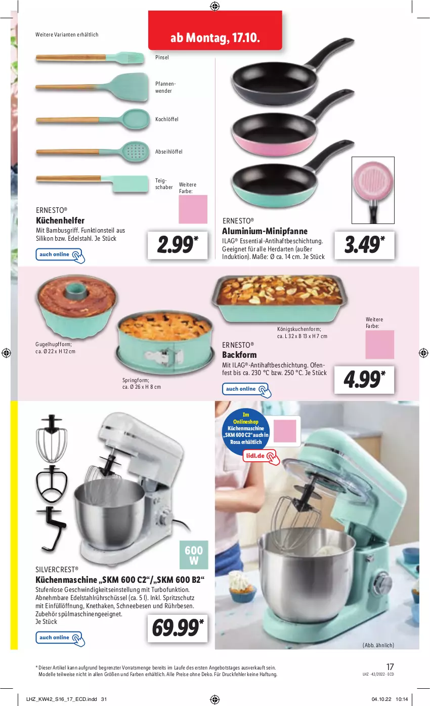 Aktueller Prospekt Lidl - Weihnachts-Magazin - von 03.11 bis 31.12.2022 - strona 17 - produkty: Abseihlöffel, angebot, Backform, bambus, dell, edelstahl, eis, elle, ernesto, herdarten, ilag, Kochlöffel, küche, kuchen, Küchen, Küchenhelfer, küchenmaschine, Löffel, Mode, Ofen, pfanne, pfannen, Pfannenwender, Pinsel, reis, Ria, ring, Schneebesen, silvercrest, Springform, Spritzschutz, spülmaschinen, Teigschaber, Ti, ZTE