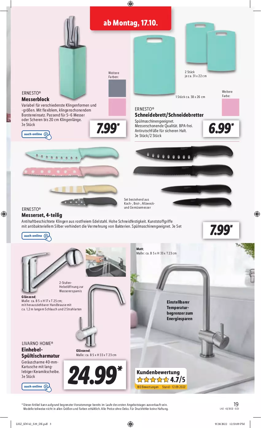 Aktueller Prospekt Lidl - Weihnachts-Magazin - von 03.11 bis 31.12.2022 - strona 19 - produkty: angebot, armatur, brause, brot, dell, edelstahl, eis, elle, ernesto, handbrause, messer, messerblock, Messerset, Mode, reis, Ria, Schere, schlauch, schneidebrett, spülmaschinen, Ti, tisch, und gemüse, wasser, weck, ZTE