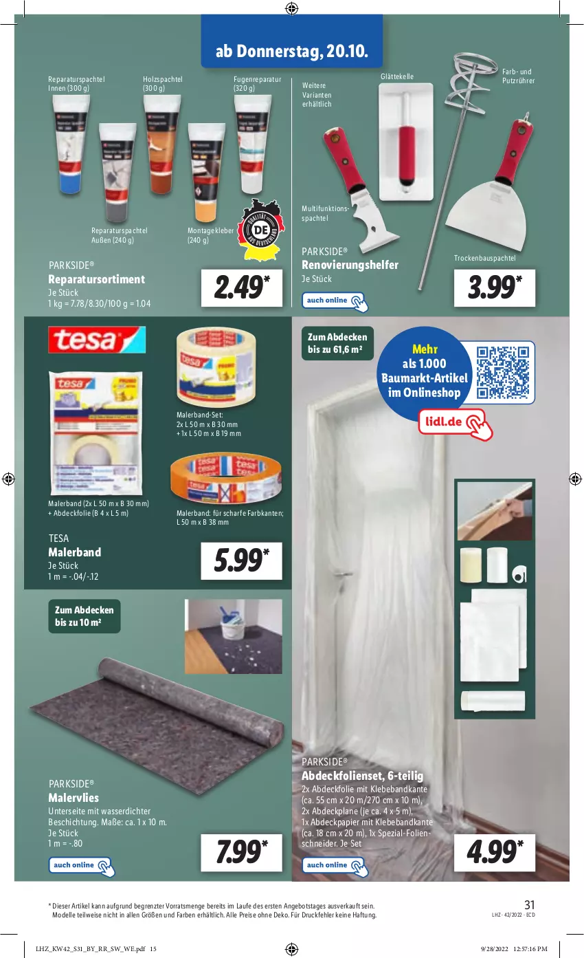 Aktueller Prospekt Lidl - Weihnachts-Magazin - von 03.11 bis 31.12.2022 - strona 31 - produkty: abdeckplane, angebot, Bau, Beba, decke, dell, eis, elle, Holz, kleber, Mode, ndk, papier, Parkside, reis, Ria, spachtel, Spezi, tesa, Ti, wasser, ZTE