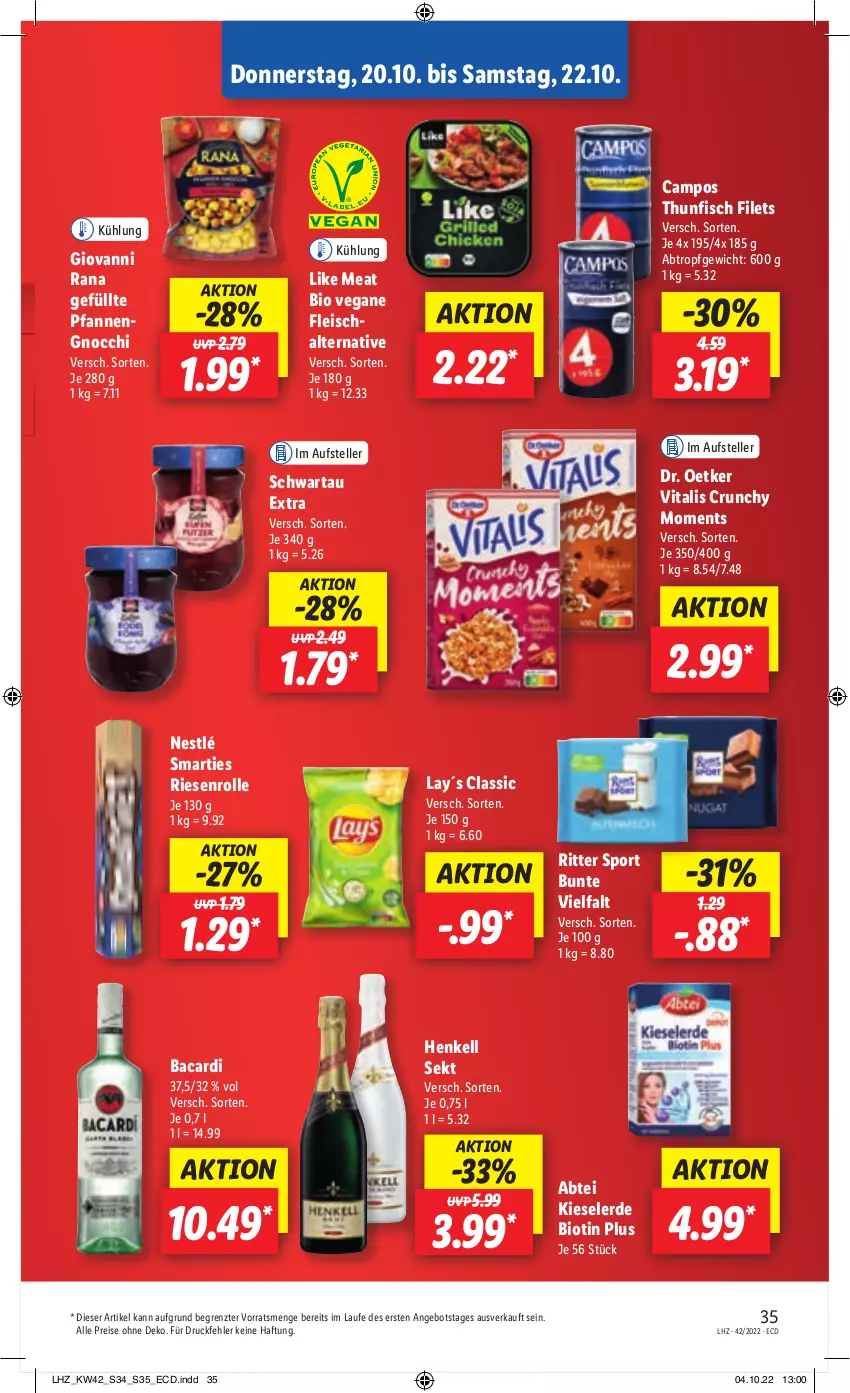 Aktueller Prospekt Lidl - Weihnachts-Magazin - von 03.11 bis 31.12.2022 - strona 35 - produkty: Abtei, angebot, bacardi, bio, Dr. Oetker, eis, elle, erde, filet, filets, fisch, fleisch, giovanni rana, gnocchi, henkel, henkell, henkell sekt, Kieselerde, Like Meat, nestlé, pfanne, pfannen, Rana, reis, ritter, ritter sport, Schwartau, sekt, smarties, Sport, teller, thunfisch, thunfisch filets, Ti, Vegane Fleisch, vita, vitalis, ZTE