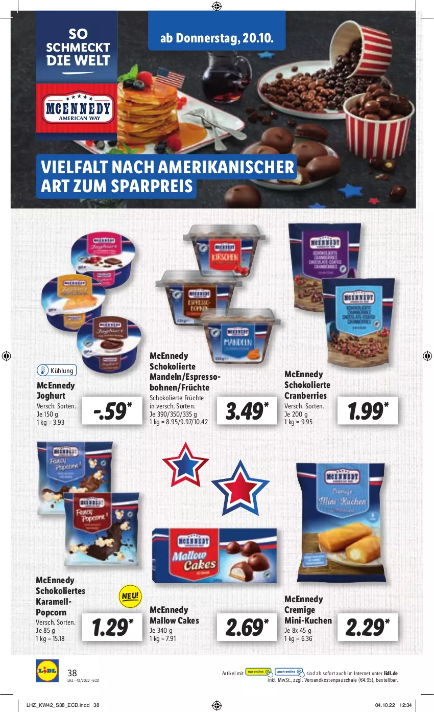 Aktueller Prospekt Lidl - Weihnachts-Magazin - von 03.11 bis 31.12.2022 - strona 38 - produkty: bohne, bohnen, cranberries, eis, espresso, früchte, joghur, joghurt, karamell, kuchen, mandel, mandeln, mcennedy, ndk, popcorn, reis, Schal, Schale, schoko, Ti