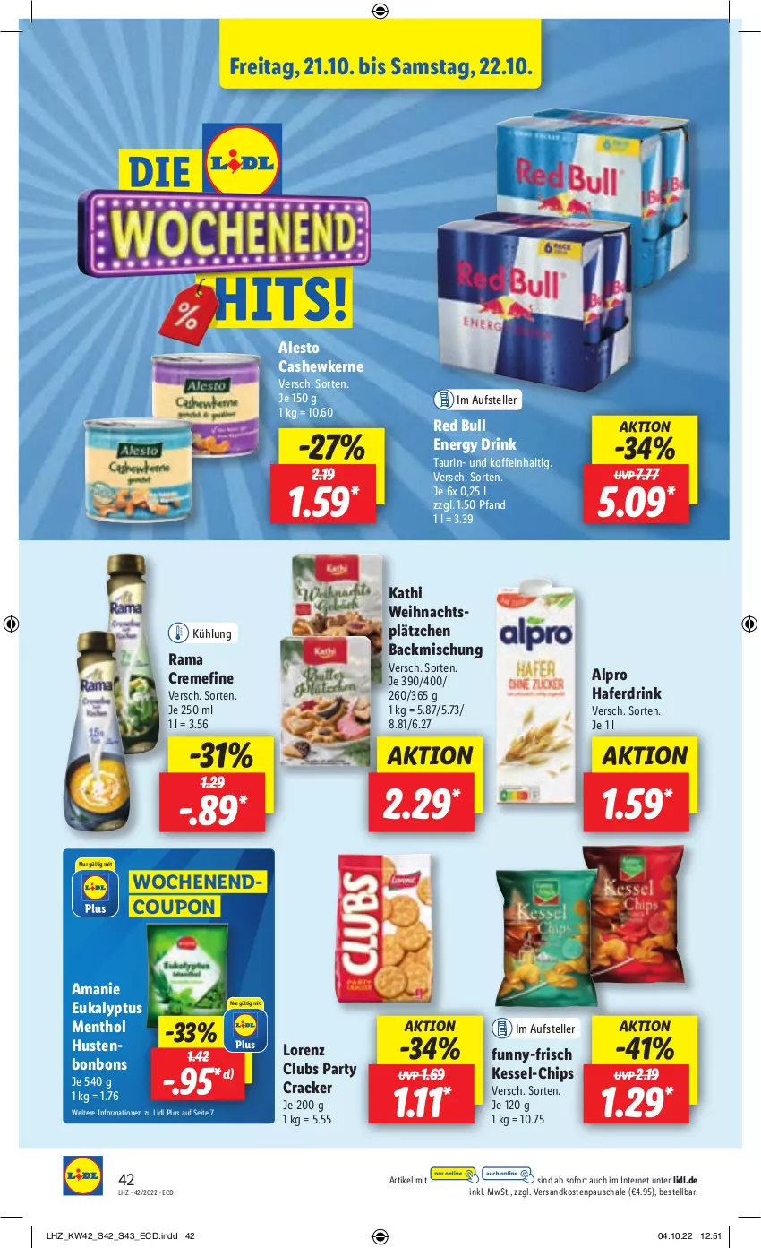 Aktueller Prospekt Lidl - Weihnachts-Magazin - von 03.11 bis 31.12.2022 - strona 42 - produkty: alesto, alpro, backmischung, bonbons, Cashew, cashewkerne, chips, coupon, cracker, creme, drink, elle, energy drink, funny-frisch, hafer, Haferdrink, Hustenbonbons, Lätzche, lorenz, ndk, rama, rama cremefine, red bull, Schal, Schale, teller, Ti