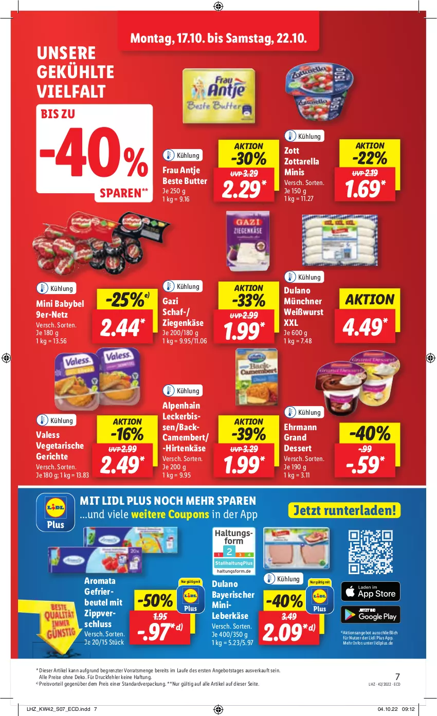 Aktueller Prospekt Lidl - Weihnachts-Magazin - von 03.11 bis 31.12.2022 - strona 7 - produkty: Alpenhain, angebot, babybel, beste butter, beutel, butter, camembert, coupon, coupons, dessert, dulano, ehrmann, Ehrmann Grand Dessert, eis, frau antje, hirtenkäse, Käse, leberkäs, leberkäse, mini babybel, preisvorteil, reis, rel, Ti, Vegeta, Weißwurst, wurst, ziegenkäse, zott, zottarella, zottarella minis, ZTE