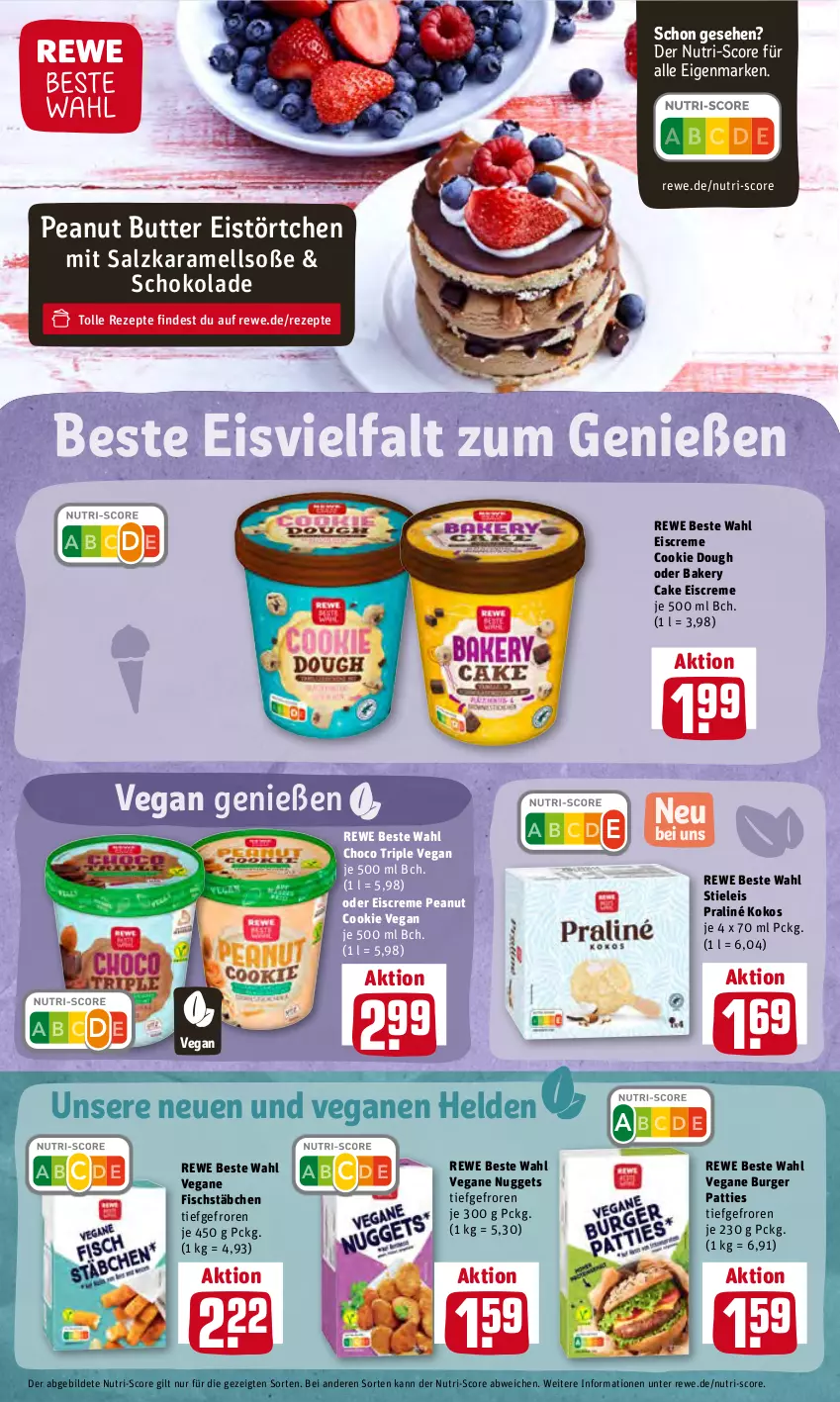 Aktueller Prospekt Rewe - Prospekte - von 07.06 bis 13.06.2022 - strona 14 - produkty: burger, butter, cookie, cookie dough, creme, eis, eiscreme, fisch, fischstäbchen, karamell, kokos, nuggets, peanut butter, rewe beste wahl, rezept, rezepte, salz, schoko, schokolade, Soße, stieleis, Ti, Törtchen