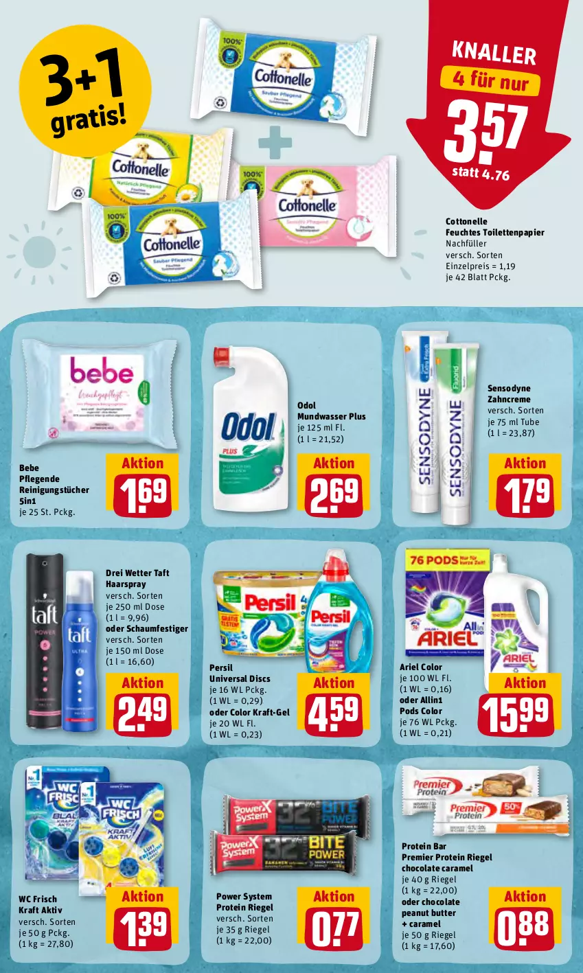 Aktueller Prospekt Rewe - Prospekte - von 07.06 bis 13.06.2022 - strona 16 - produkty: ariel, Bebe, butter, caramel, cola, cottonelle, creme, drei wetter taft, eis, elle, feuchtes toilettenpapier, haarspray, kraft, mundwasser, oder schaumfestiger, Odol, papier, peanut butter, persil, Pods, Reinigung, reinigungstücher, reis, riegel, schaumfestiger, sensodyne, Taft, Ti, toilettenpapier, tücher, wasser, wc frisch, WC Frisch Kraft Aktiv, zahncreme