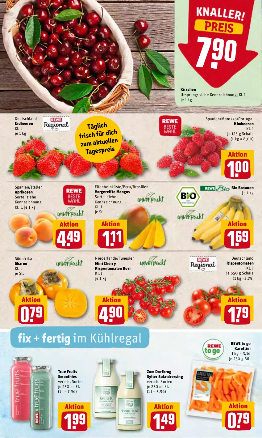 Aktueller Prospekt Rewe - Prospekte - von 07.06 bis 13.06.2022 - strona 2 - produkty: aprikose, aprikosen, banane, bananen, beere, beeren, bio, dressing, eis, erdbeere, erdbeeren, himbeer, himbeere, himbeeren, kirsch, kirsche, kirschen, kühlregal, mango, mangos, regal, reis, rispentomaten, salat, salatdressing, Schal, Schale, smoothie, smoothies, Sylter, Ti, tomate, tomaten, true fruits, Zum Dorfkrug