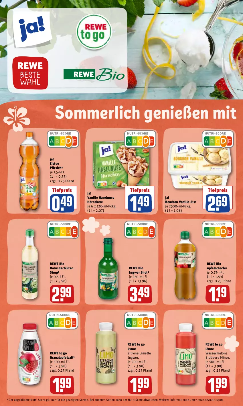 Aktueller Prospekt Rewe - Prospekte - von 07.06 bis 13.06.2022 - strona 24 - produkty: apfel, apfelsaft, Apfelschorle, beere, bio, Blüte, bourbon, bourbon vanille, eis, eistee, erdbeere, grana, granatapfel, haselnuss, holunder, holunderblüte, hörnchen, ingwer, limette, limo, melone, merl, Mett, minze, nuss, pfirsich, Rana, reis, rewe bio, saft, schorle, sirup, tee, Ti, tiefpreis, vanille, wasser, wassermelone, zitrone