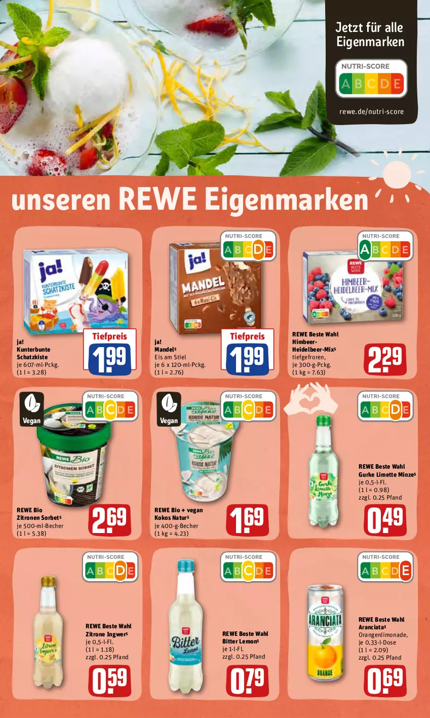 Aktueller Prospekt Rewe - Prospekte - von 07.06 bis 13.06.2022 - strona 25 - produkty: Becher, bio, bitter lemon, eis, gurke, himbeer, ingwer, kokos, limette, limo, limonade, mandel, Mett, minze, natur, orange, orangen, reis, rewe beste wahl, rewe bio, Sorbet, Ti, tiefpreis, zitrone, zitronen