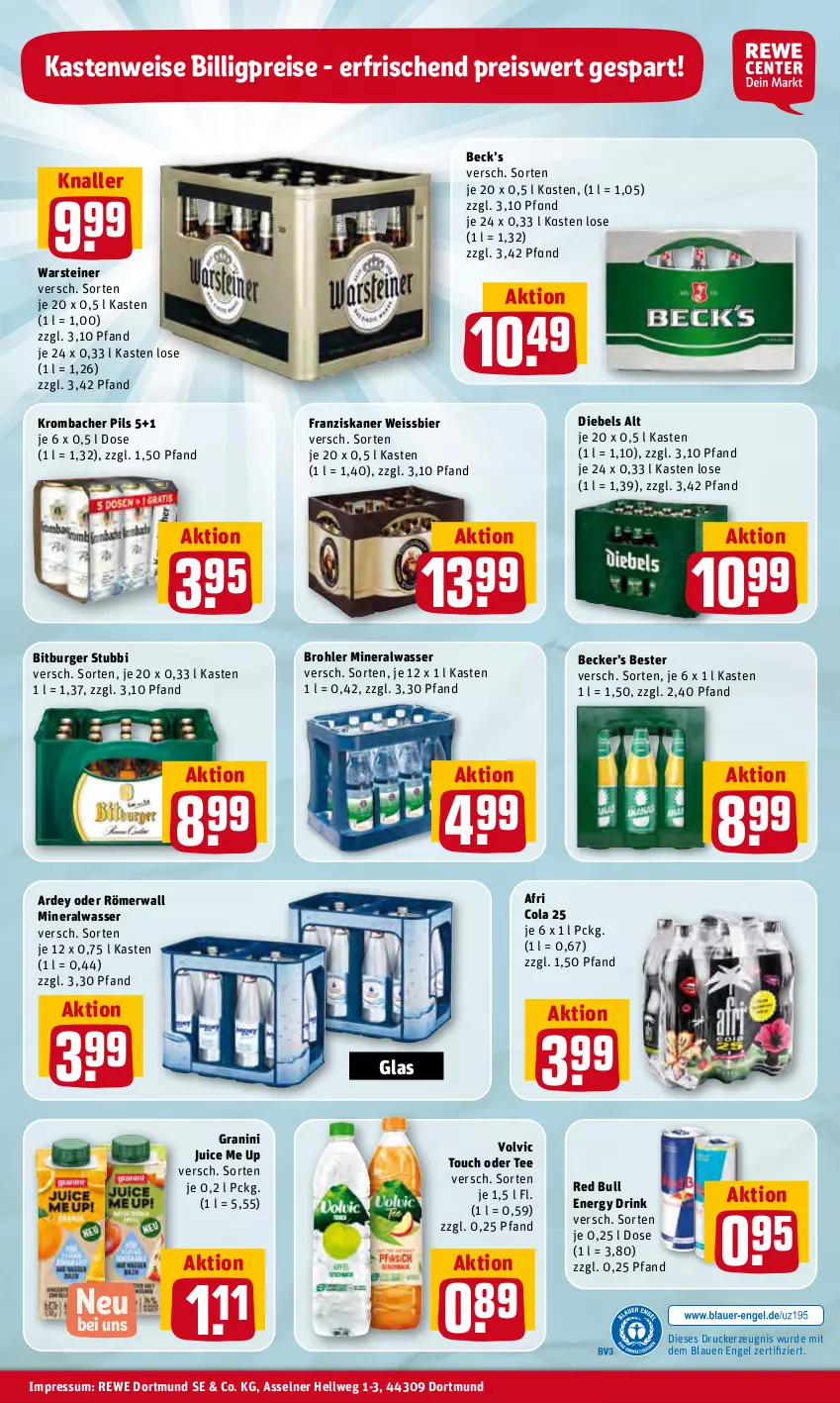 Aktueller Prospekt Rewe - Prospekte - von 07.06 bis 13.06.2022 - strona 32 - produkty: Afri Cola, Alwa, bier, bitburger, burger, cola, diebels, drink, drucker, eis, energy drink, Engel, franziskaner, granini, kerze, krombache, krombacher, krombacher pils, mineralwasser, pils, red bull, reis, steiner, tee, Ti, volvic, warsteiner, wasser, weissbier