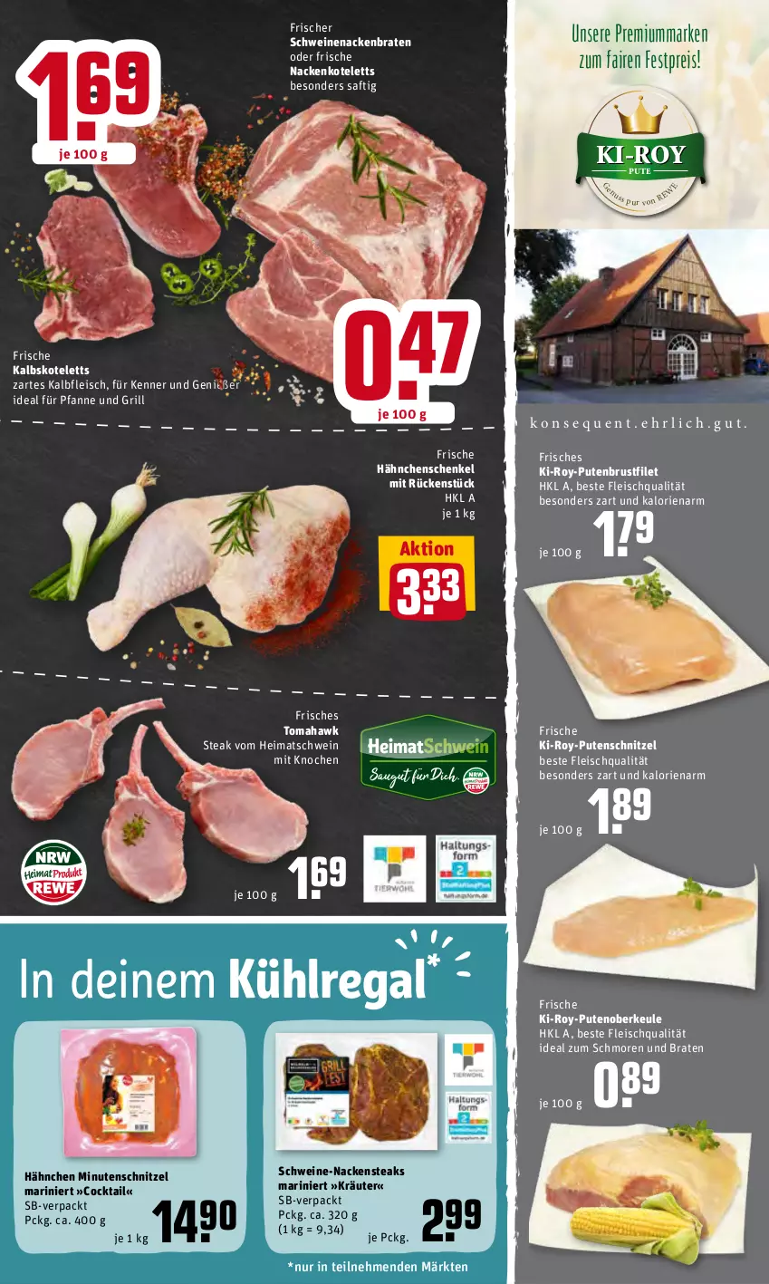 Aktueller Prospekt Rewe - Prospekte - von 07.06 bis 13.06.2022 - strona 5 - produkty: braten, brustfilet, cocktail, eis, filet, fleisch, Frische Hähnchen, grill, hähnchenschenkel, henkel, Kalbfleisch, kalbskotelett, kotelett, kräuter, kühlregal, minutenschnitzel, nackenkoteletts, Nackensteak, nackensteaks, pfanne, pute, putenbrust, putenbrustfilet, Putenoberkeule, putenschnitzel, regal, reis, saft, schenkel, schnitzel, schwein, schweine, schweinenacken, steak, steaks, Ti, wein, weine