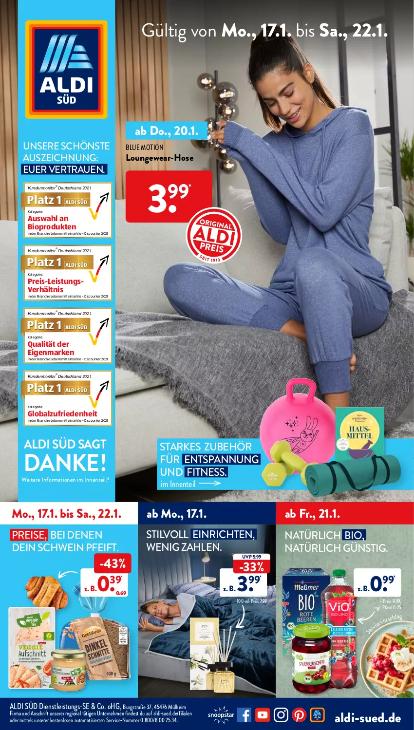 Aktueller Prospekt AldiSud - ALDI Aktuell - von 17.01 bis 22.01.2022 - strona 1 - produkty: aldi, auto, bio, discount, eis, ente, hose, lebensmittel, monitor, reis, schwein, Ti, wein