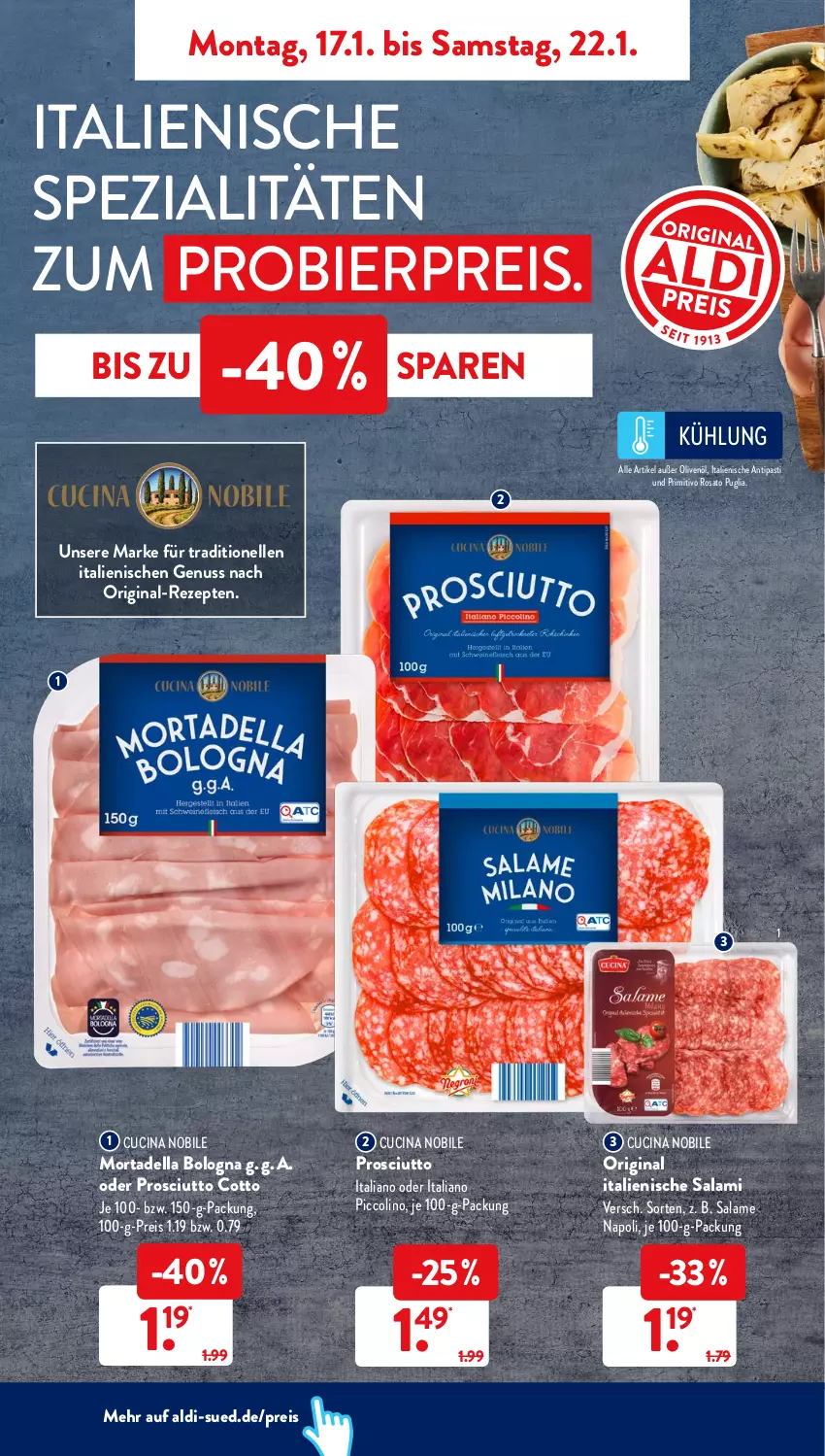 Aktueller Prospekt AldiSud - ALDI Aktuell - von 17.01 bis 22.01.2022 - strona 10 - produkty: aldi, antipasti, asti, bier, cin, dell, eis, elle, gin, mortadella, nuss, olive, oliven, olivenöl, primitivo, prosciutto, prosciutto cotto, reis, rezept, rezepte, rosato, salami, Spezi, Ti