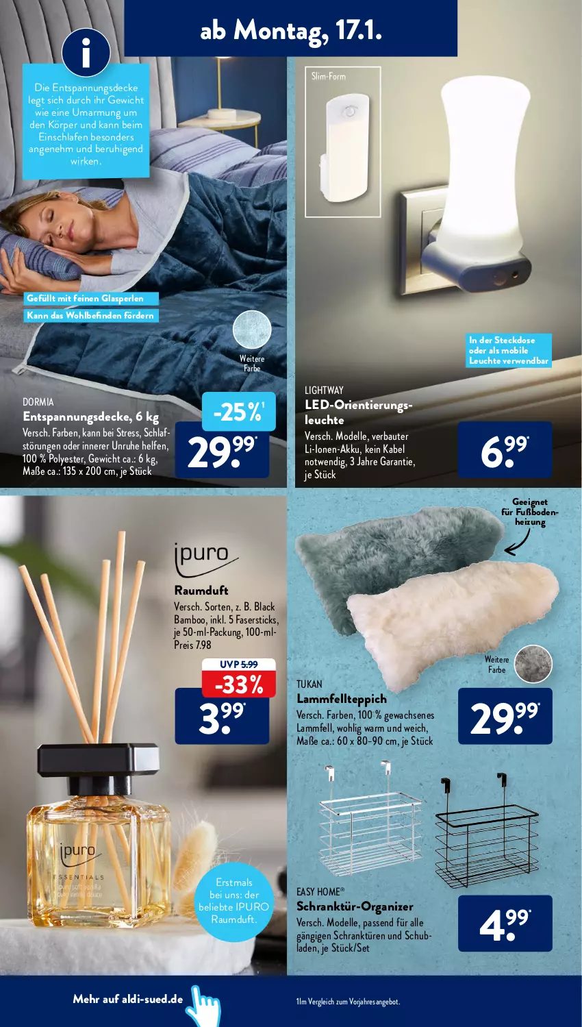 Aktueller Prospekt AldiSud - ALDI Aktuell - von 17.01 bis 22.01.2022 - strona 14 - produkty: akku, aldi, angebot, bamboo, Bau, decke, dell, dormia, eis, elle, Ipuro, lack, lamm, Lammfell, Leuchte, Mode, passend für alle, perlen, Raumduft, reis, resa, rwe, Schrank, steckdose, teppich, Ti