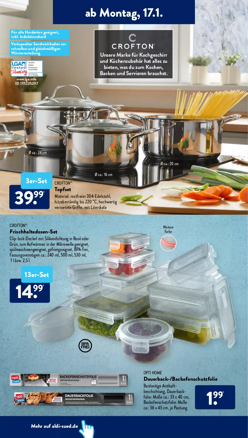 Aktueller Prospekt AldiSud - ALDI Aktuell - von 17.01 bis 22.01.2022 - strona 16 - produkty: aldi, auer, backofen, Crofton, crofton®, decke, Deckel, edelstahl, eier, elle, frischhaltedosen, geschirr, herdarten, küche, Küchen, LG, Ofen, Rauch, Ria, sandwich, spülmaschinen, Ti, topf, Topfset